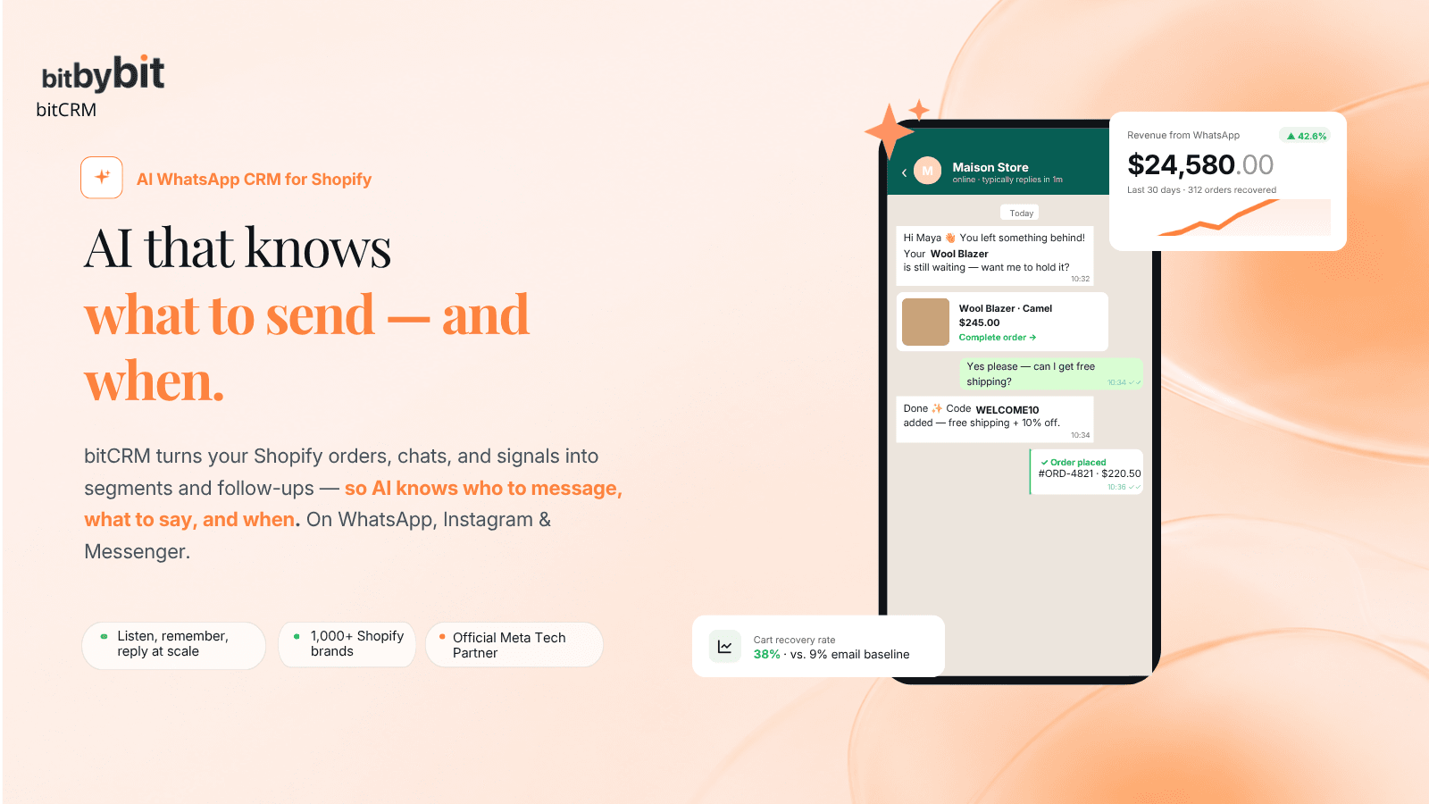 bitCRM AI WhatsApp CRM for Shopify — cart recovery & revenue