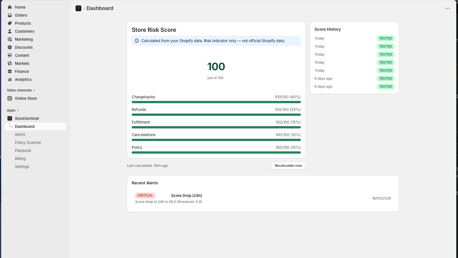 Health score dashboard with five risk signal bars