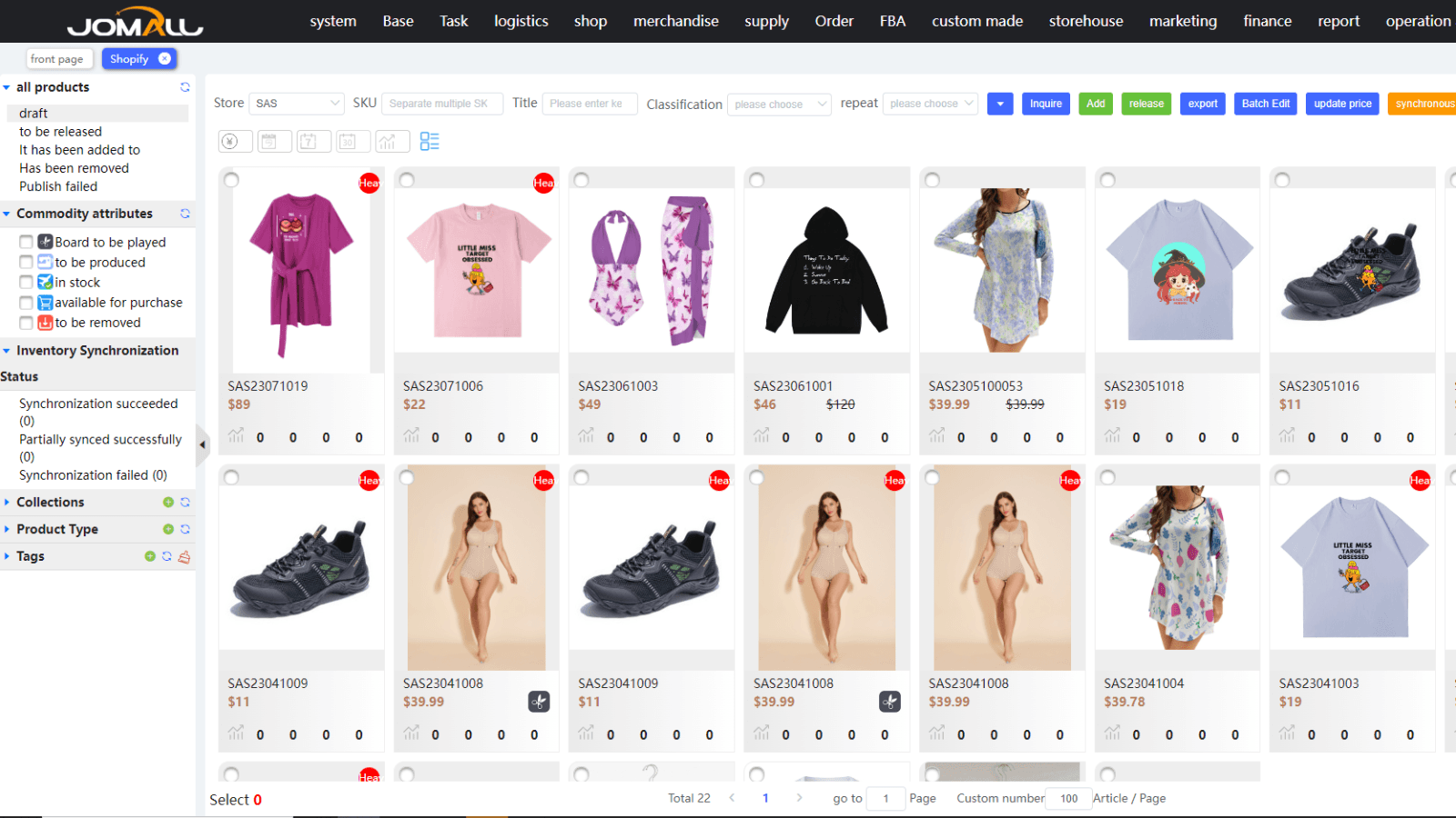 通过安装九猫ERP授权shopify店铺,实现一键批量发布、更新和下载产品。