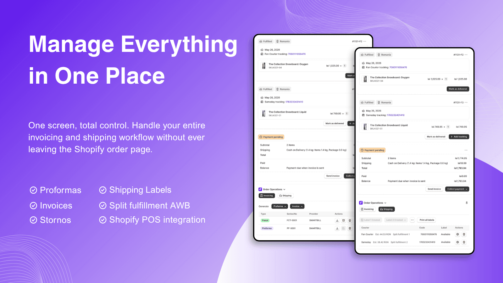 Shopify app workflow for fiscal invoices and shipping labels.