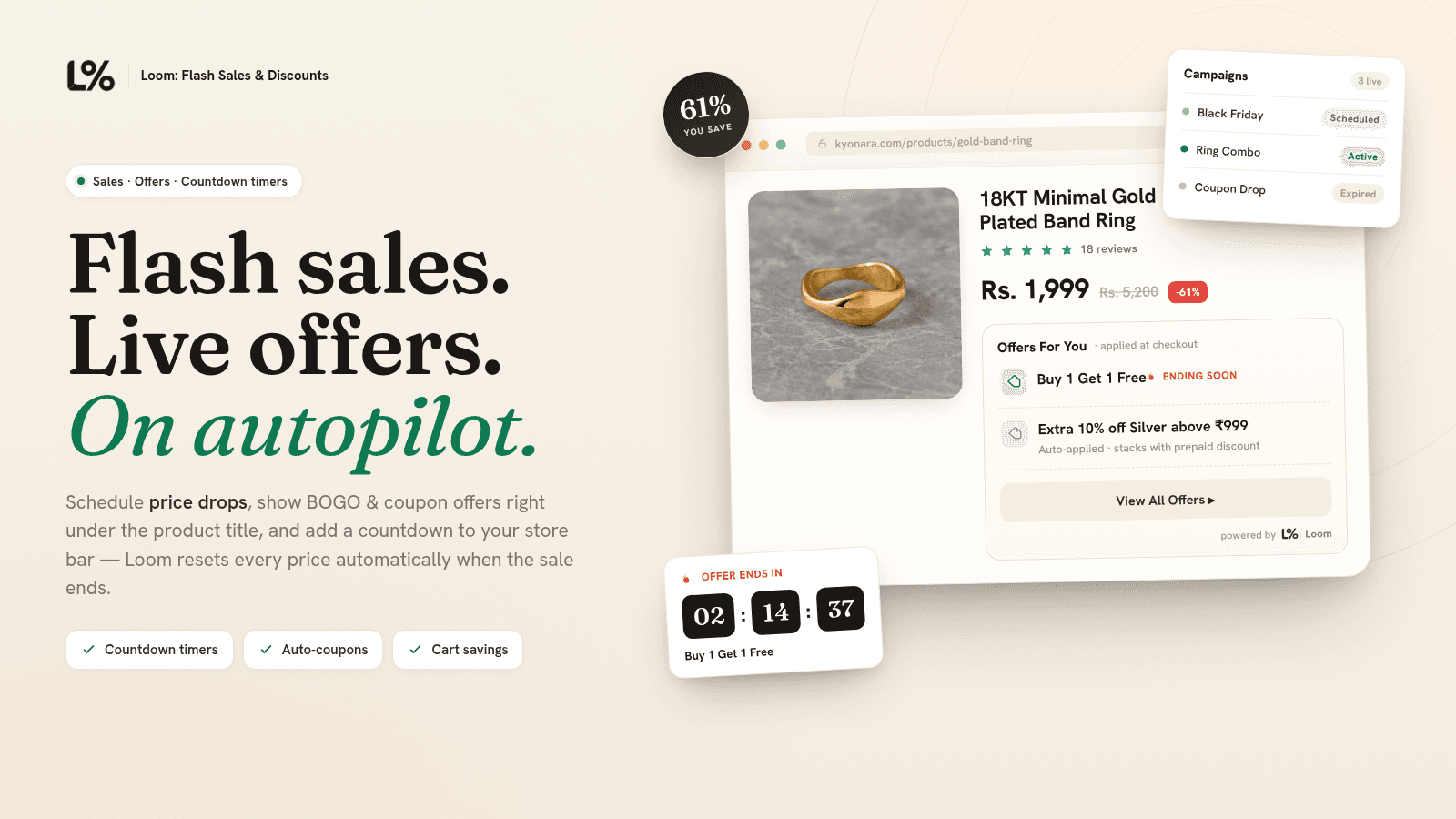 Flash sale manager with coupon display and countdown timers