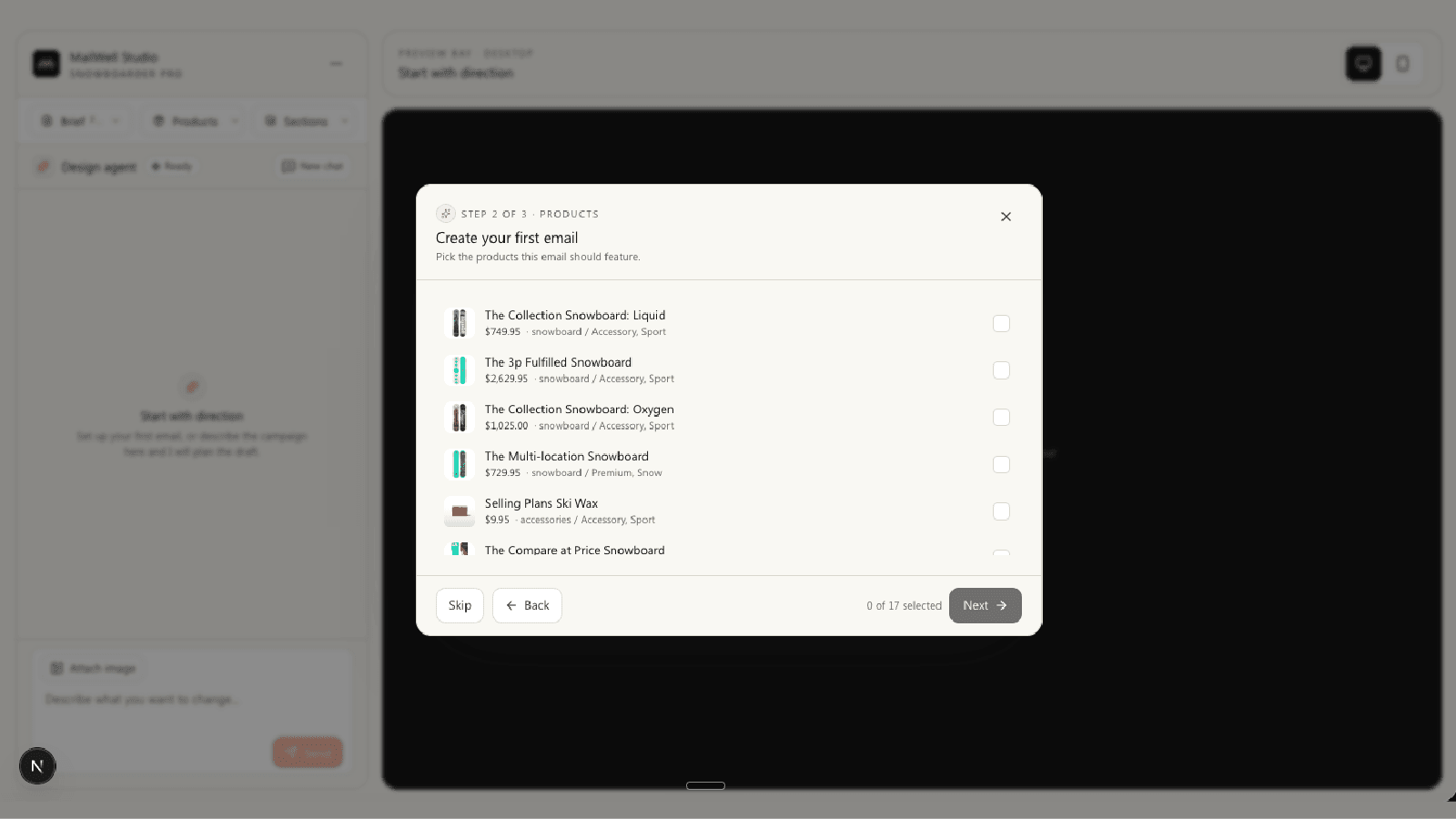 Product picker with Shopify catalog items selected