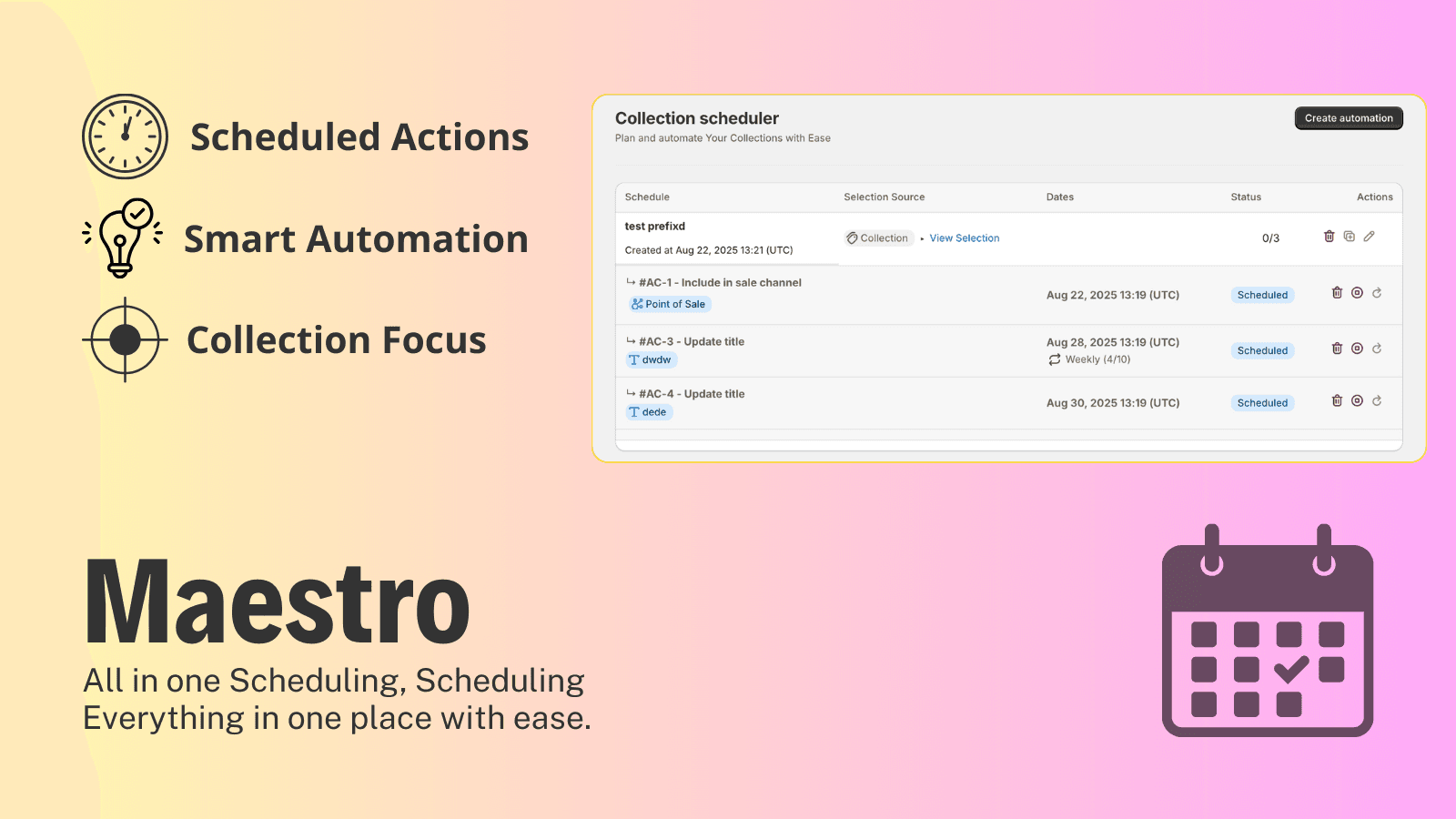 Schedule Collections changes such as Sale Channels, Suffix, ...