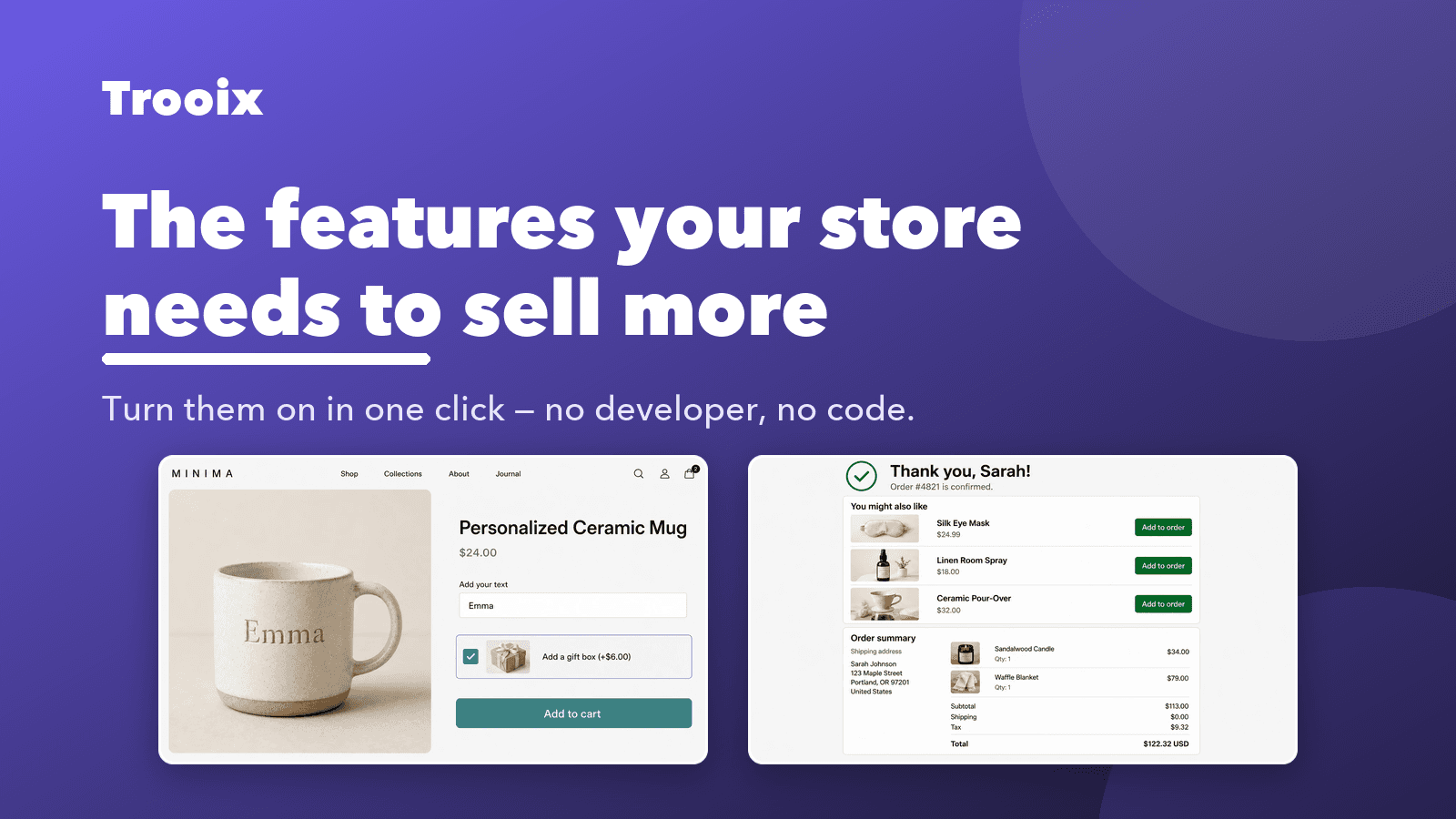 Trooix — sell-more features, no developer; upsell + personalizer