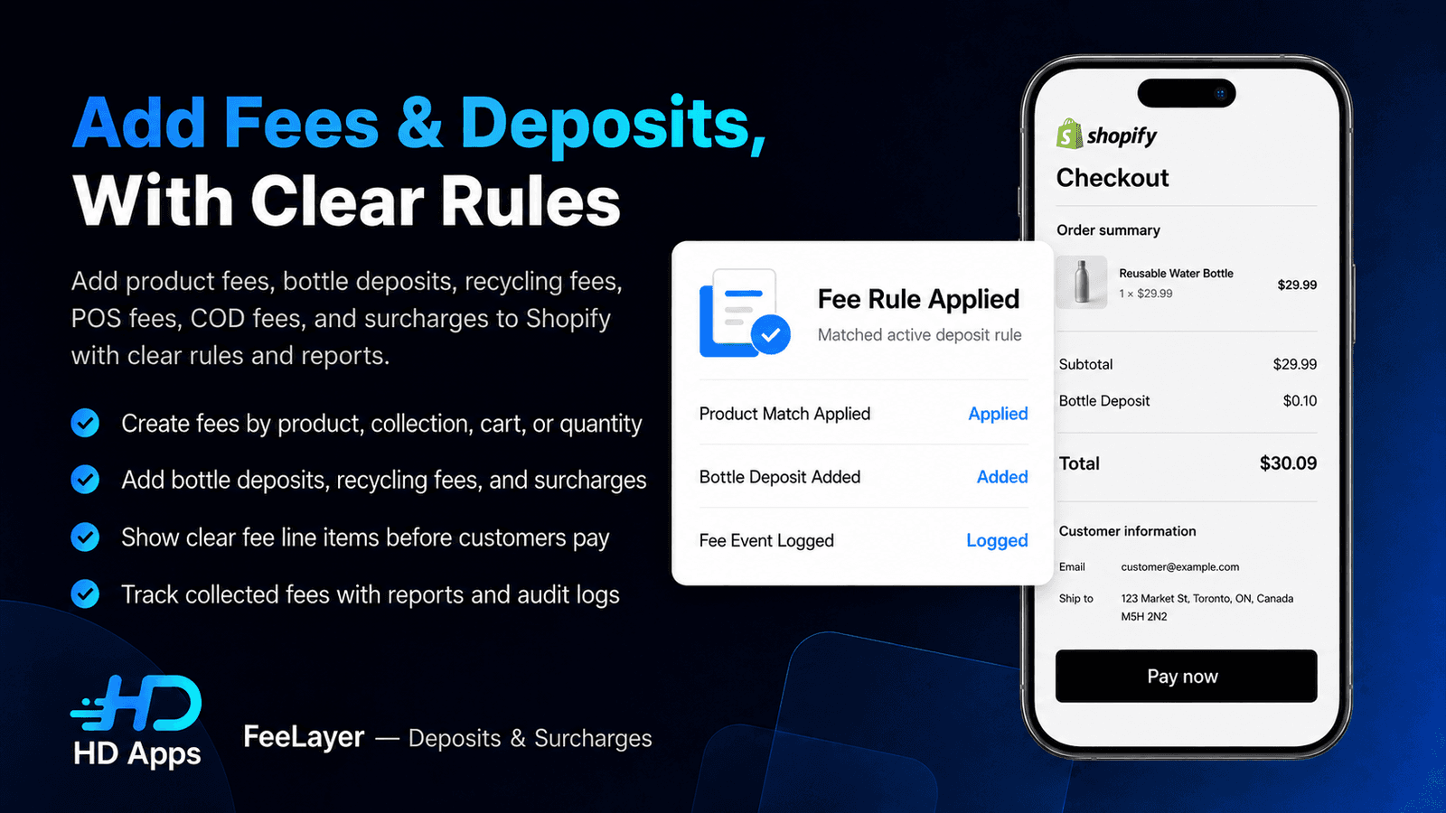 FeeLayer app showing fee rules and checkout deposits