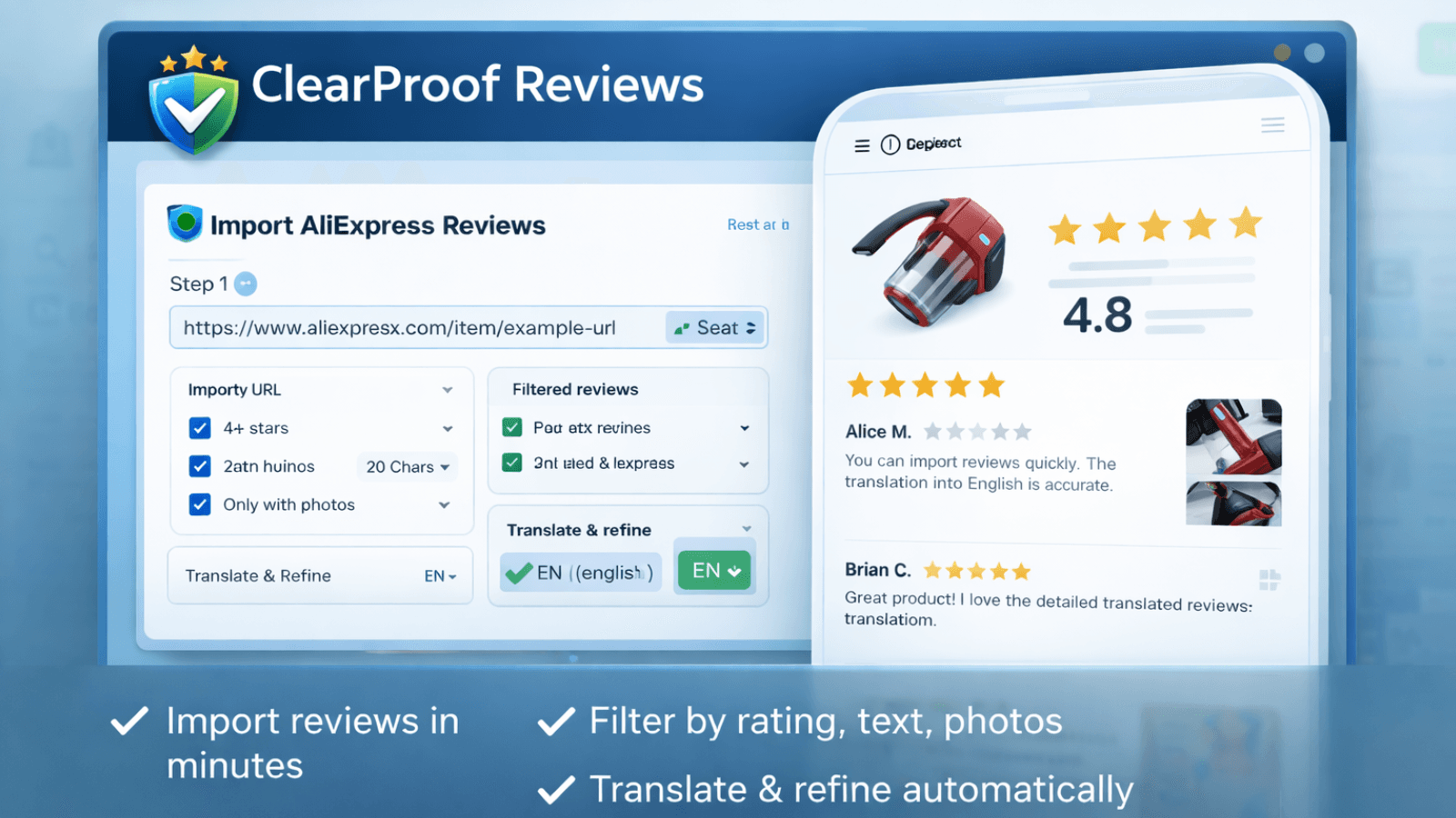 ClearProof Reviews app import and display preview