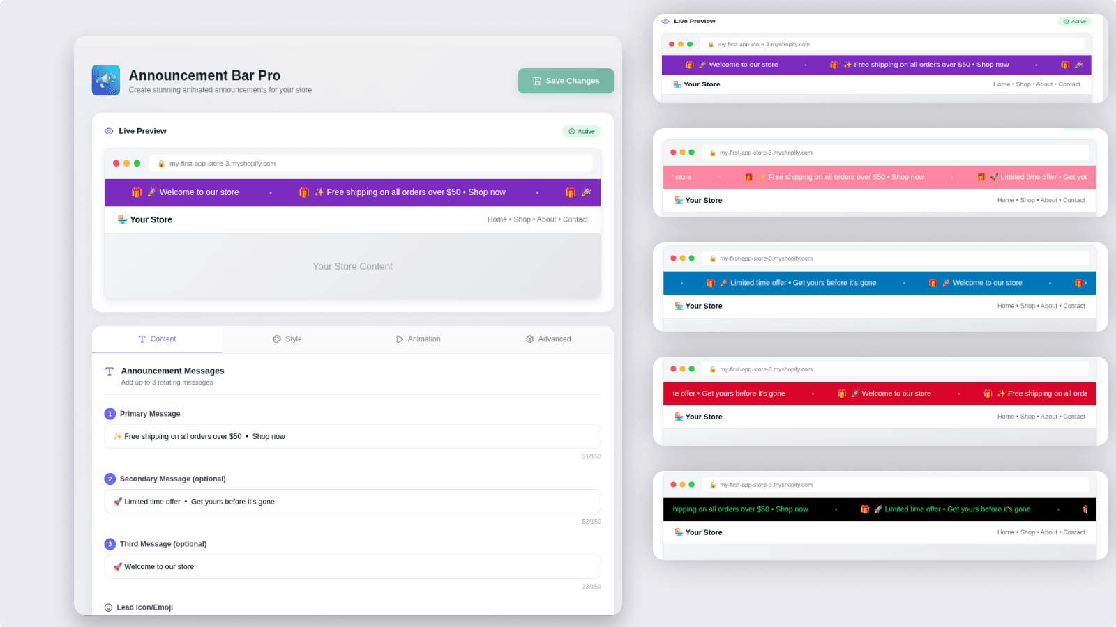 AnnouncePro dashboard with live announcement bar preview