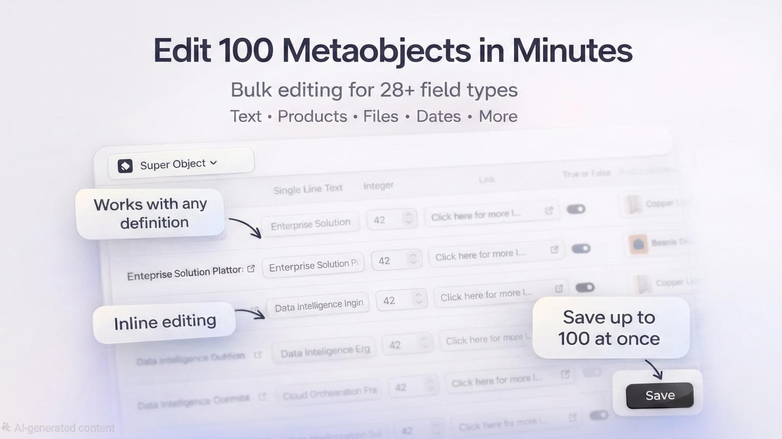 Bulk edit interface showing metaobject table with callouts