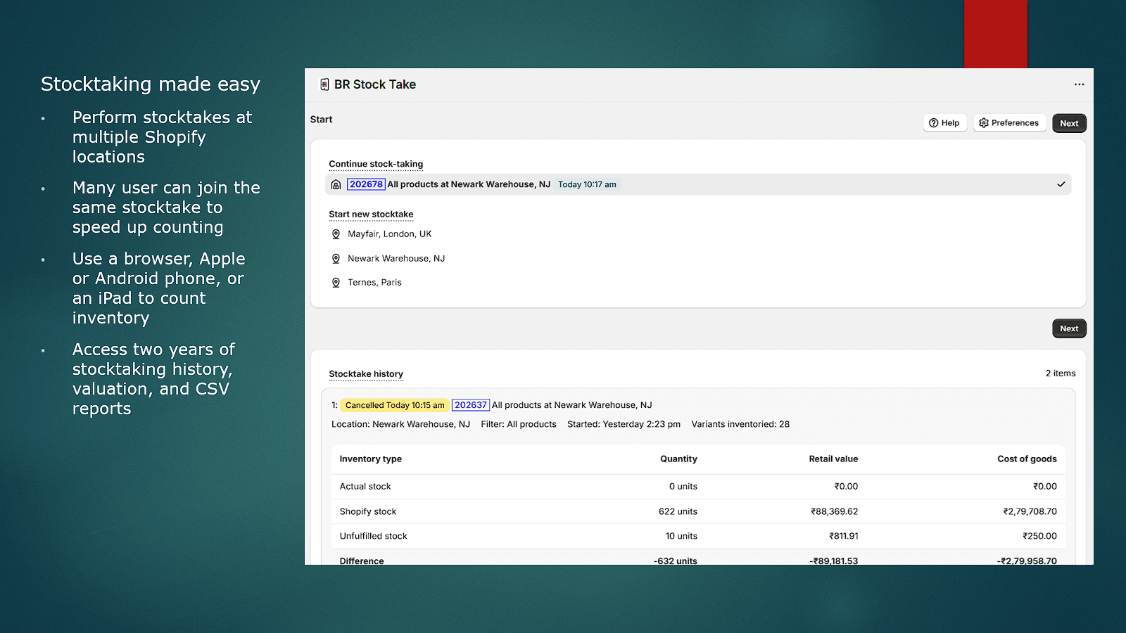 Select location for stocktake