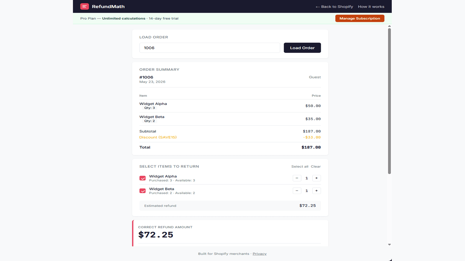 RefundMath refund calculator with order details