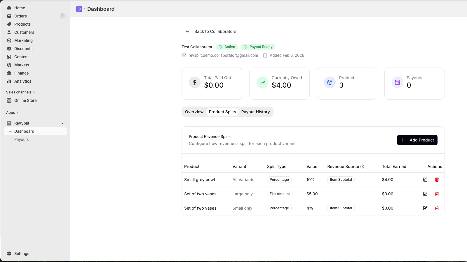 Merchant-facing view showing collaborator split rules