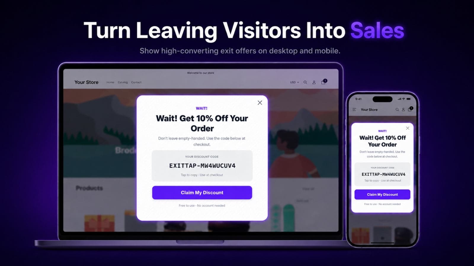 Exit-intent popup shown on desktop and mobile Shopify storefront