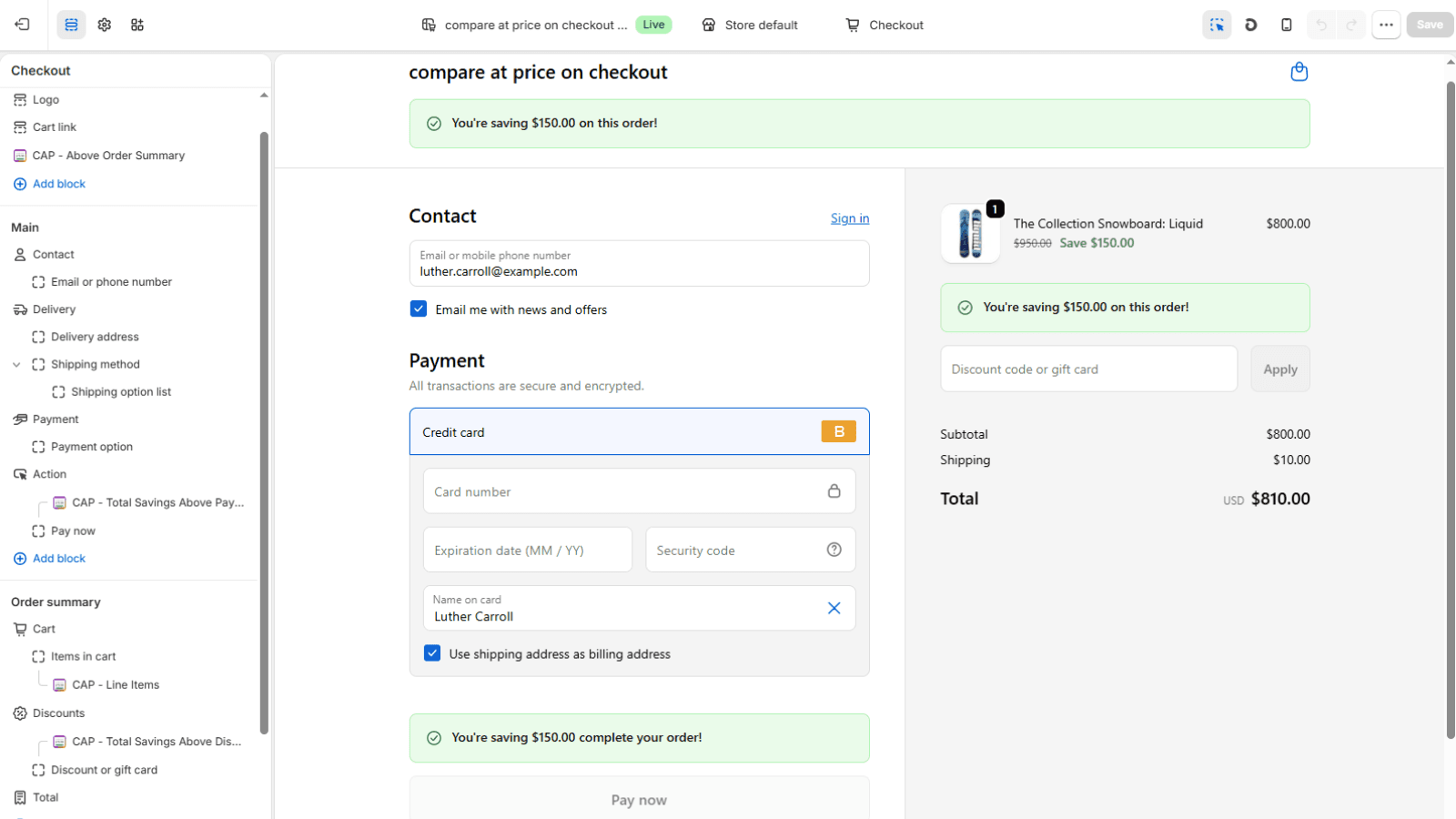 Compare At Price blocks active in Shopify Checkout Editor