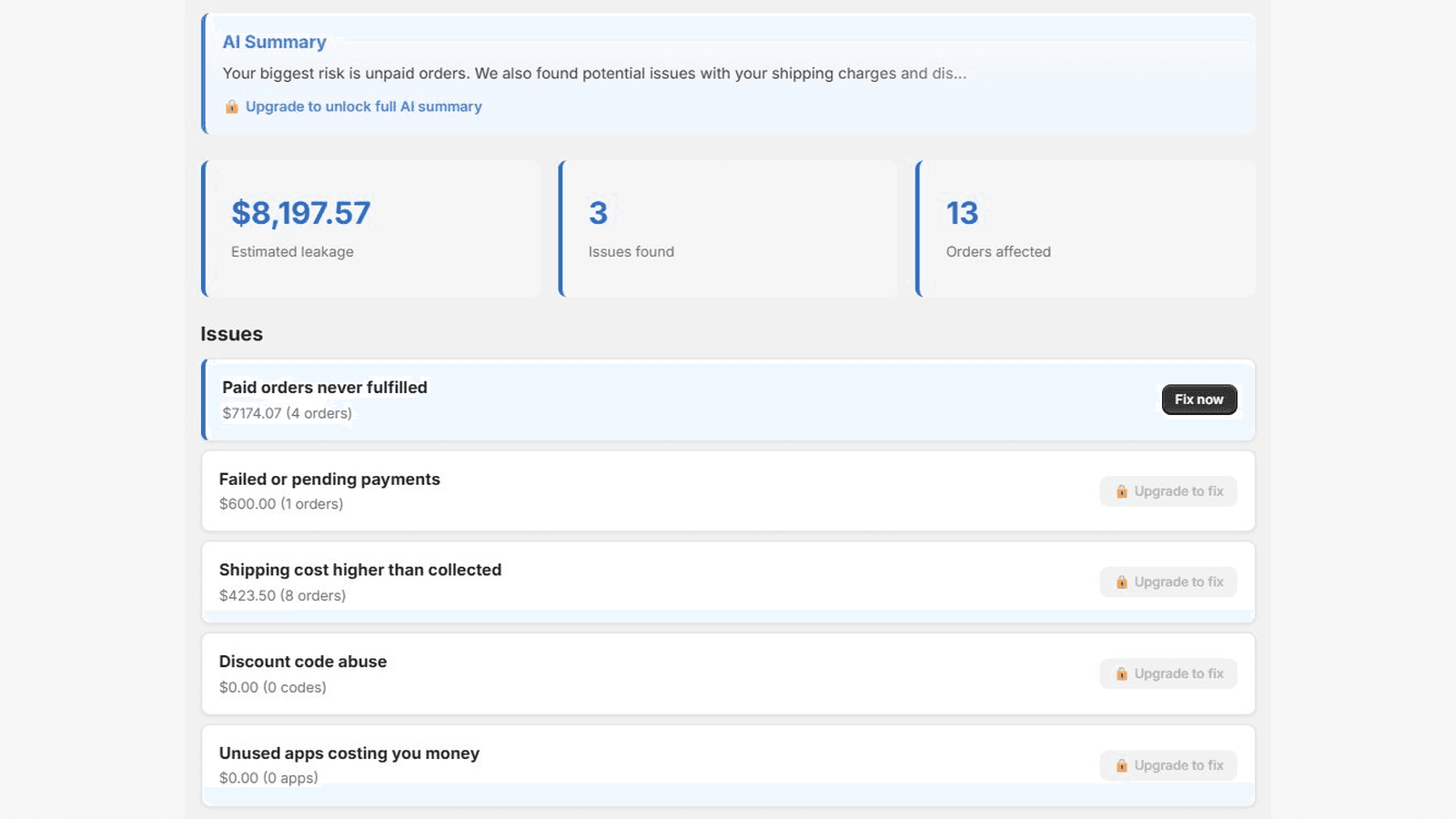 RevLeak dashboard showing $8,197 in estimated leakage across 3 i