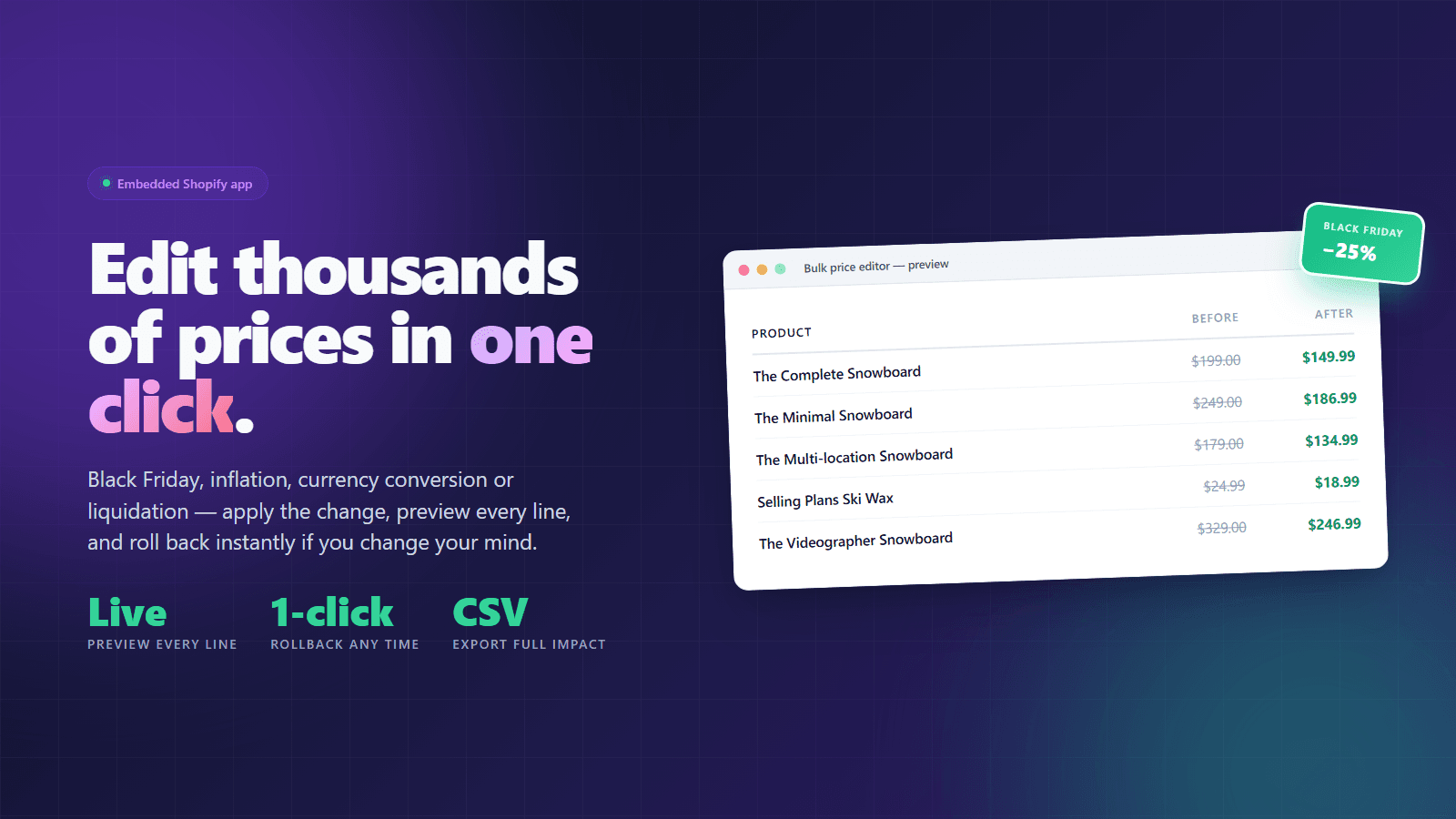 Bulk Price Editor dashboard with live preview