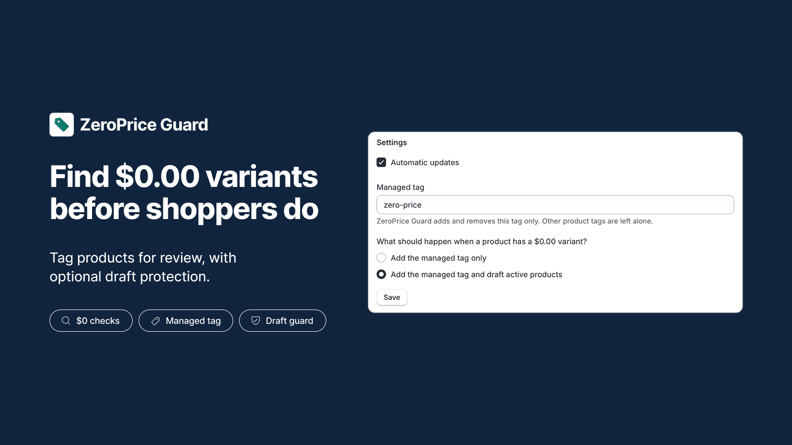 ZeroPrice Guard dashboard with $0 variant checks