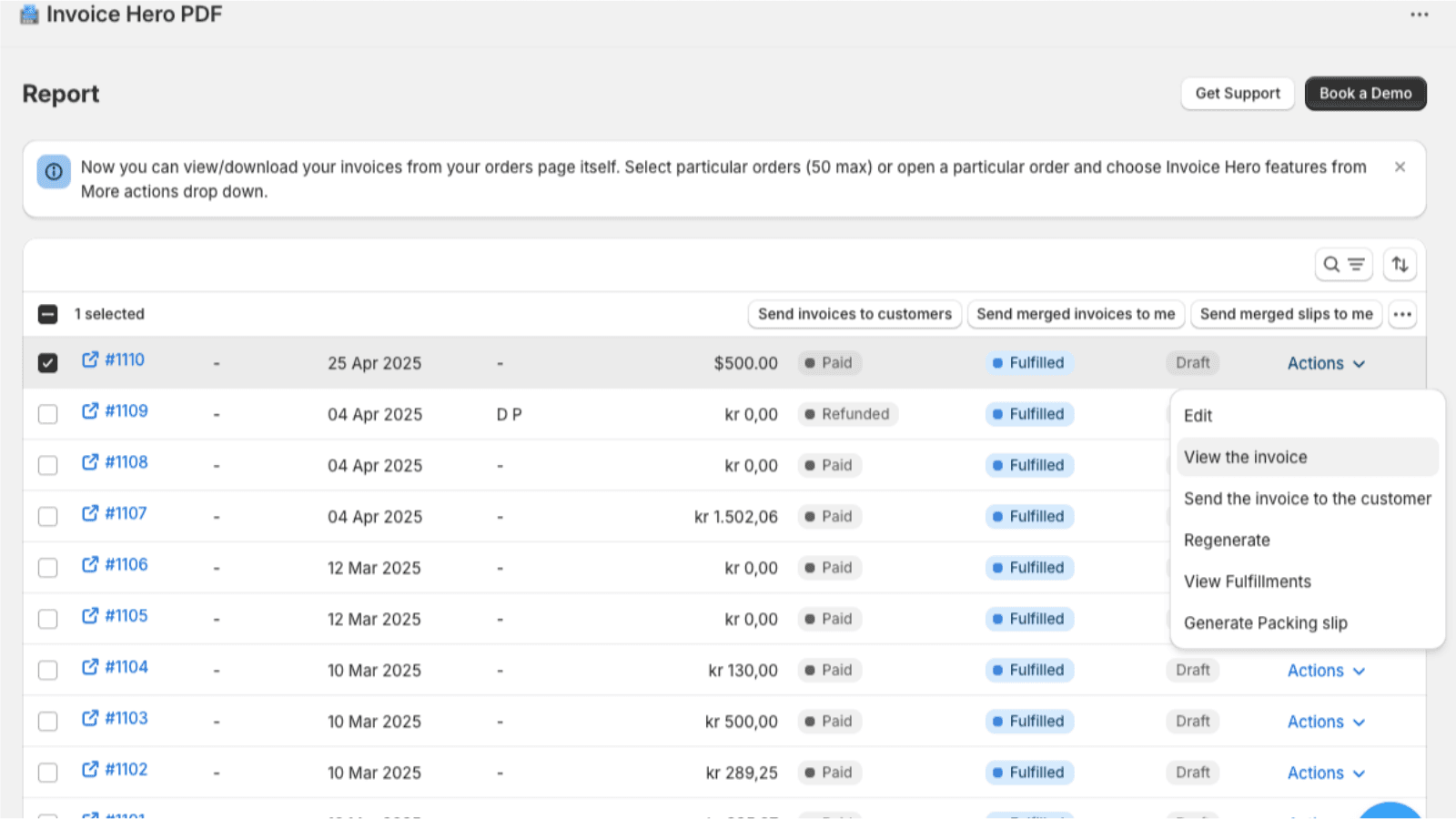 Shopify Invoice Hero PDF Dashboard Page