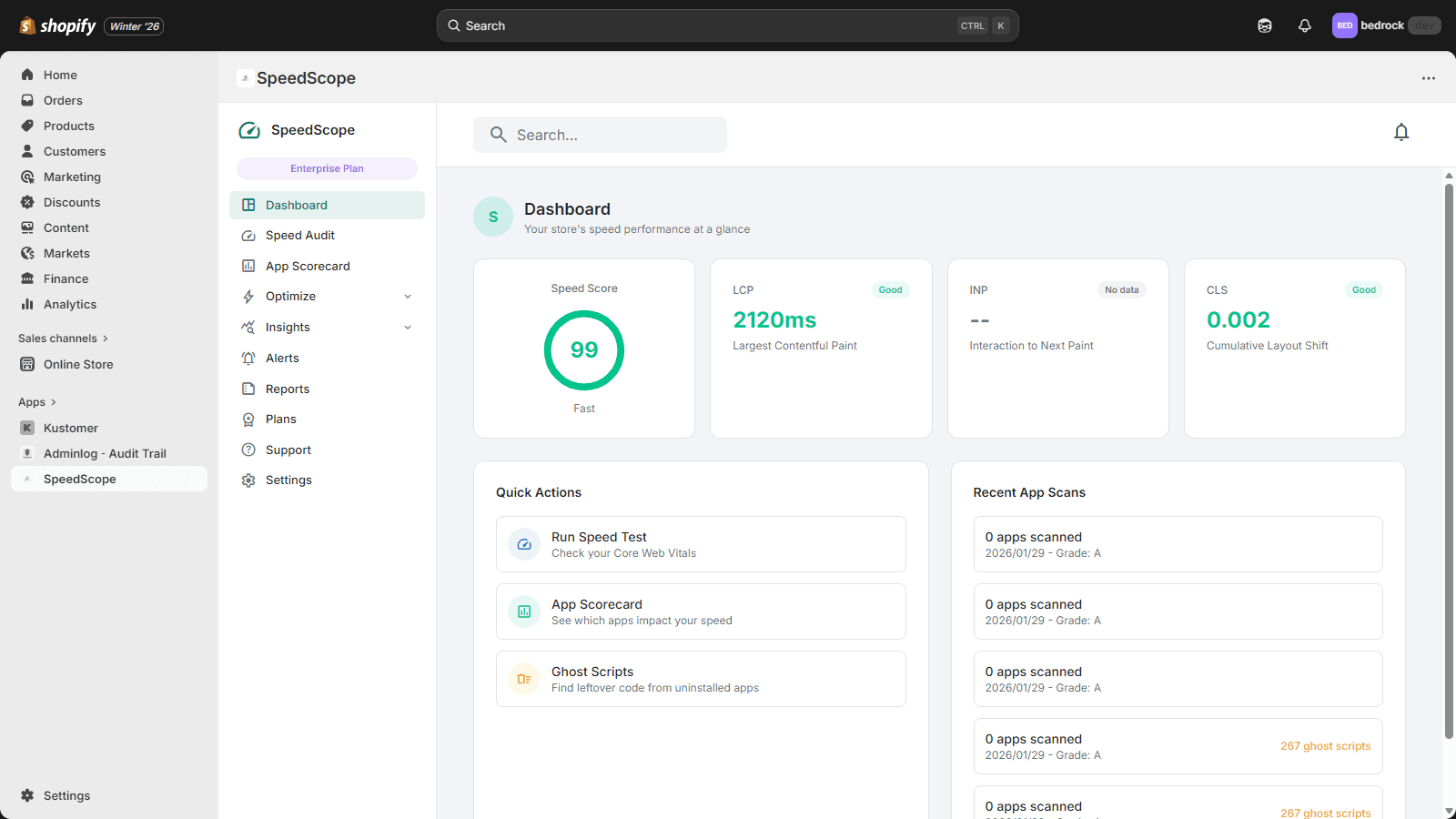 SpeedScope dashboard showing store speed score, Core Web Vitals.