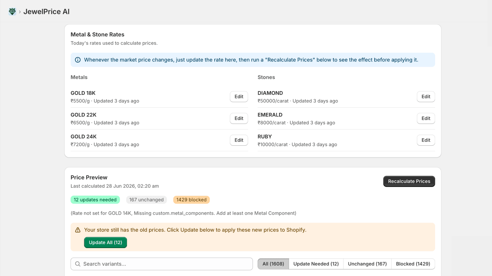 Screenshot of dashboard tab