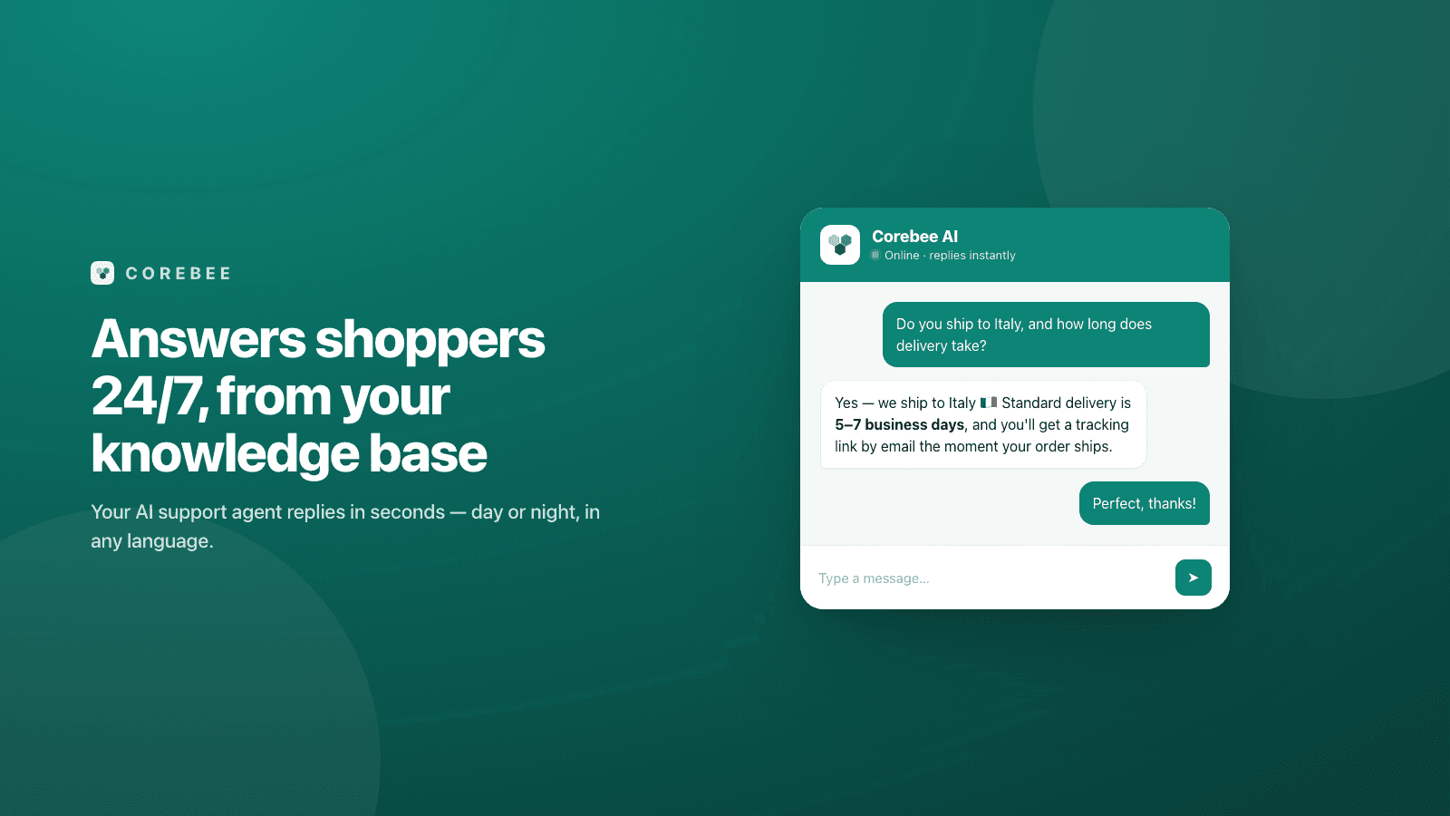 Chat widget answering a shopper question 24/7