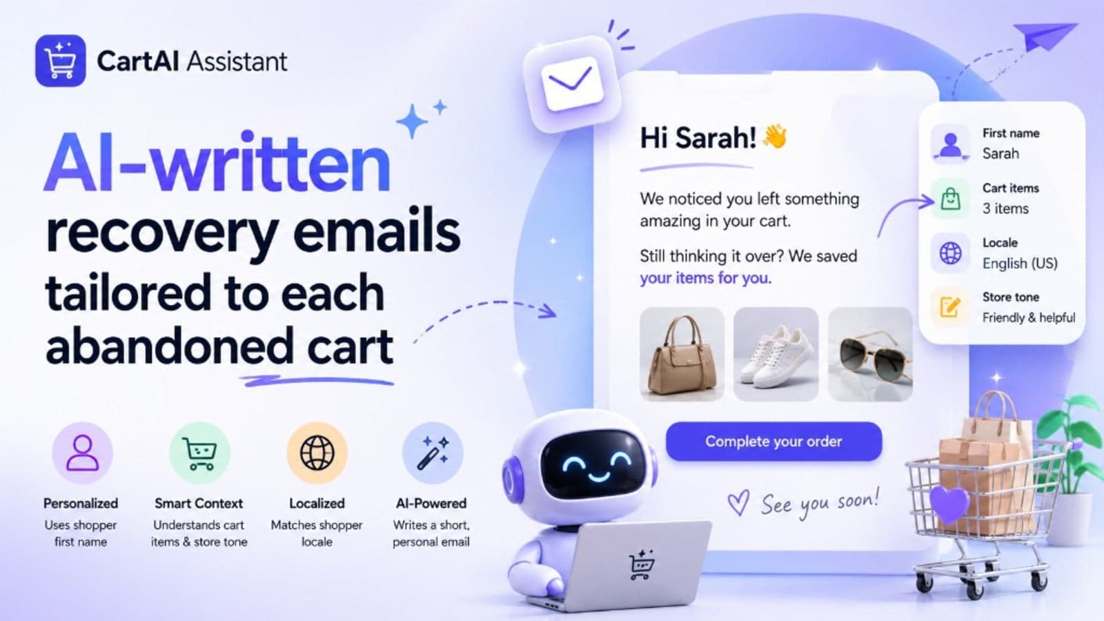 Personalized AI recovery email using cart items and shopper name