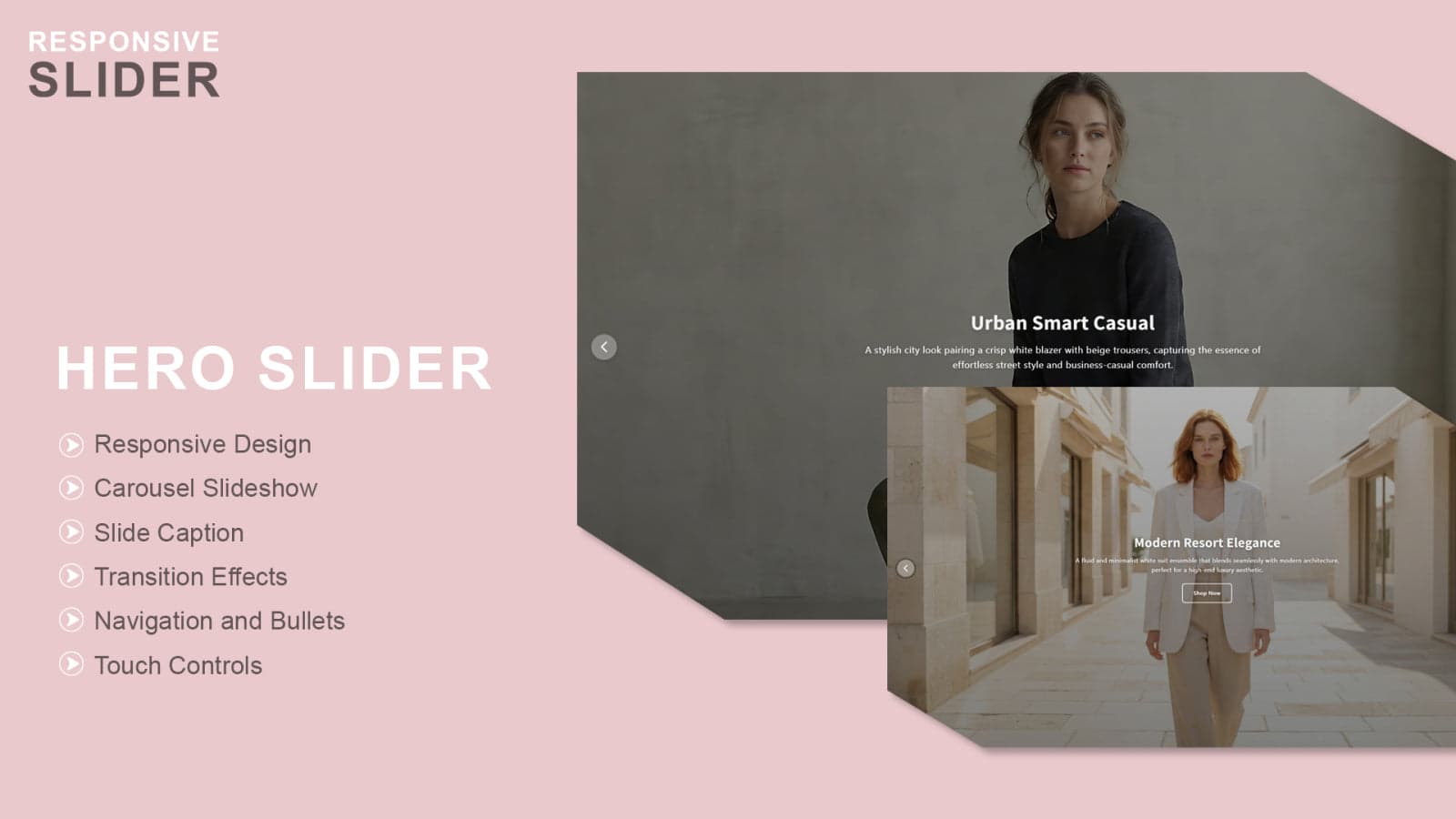 Hero banner slider with navigation and transition effects