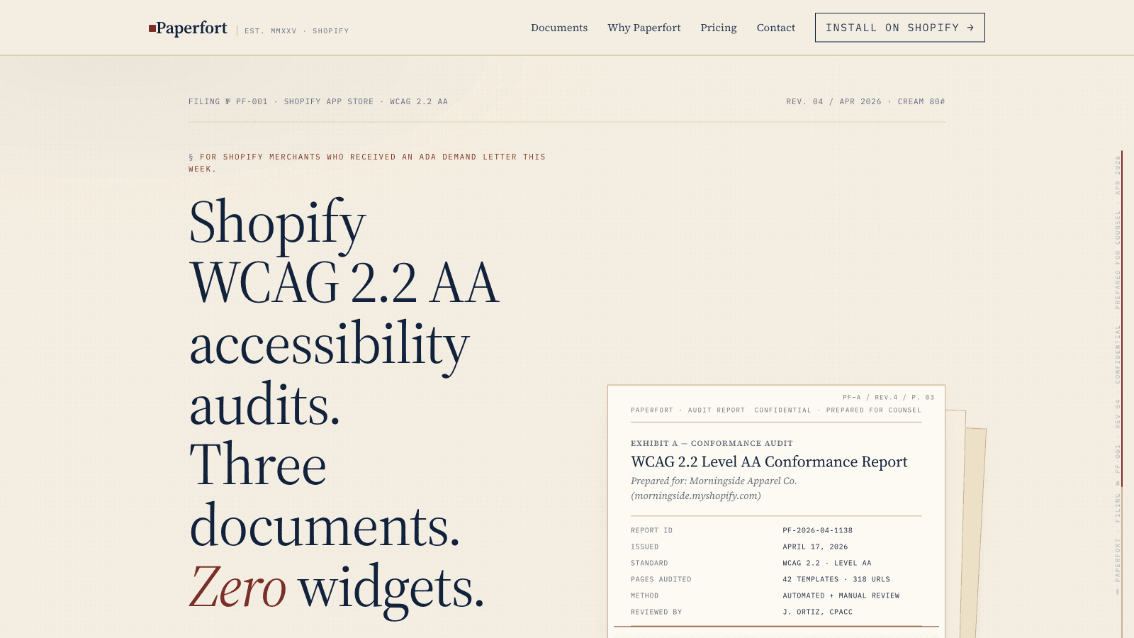 Paperfort dashboard with WCAG 2.2 AA audit and accessibility sta