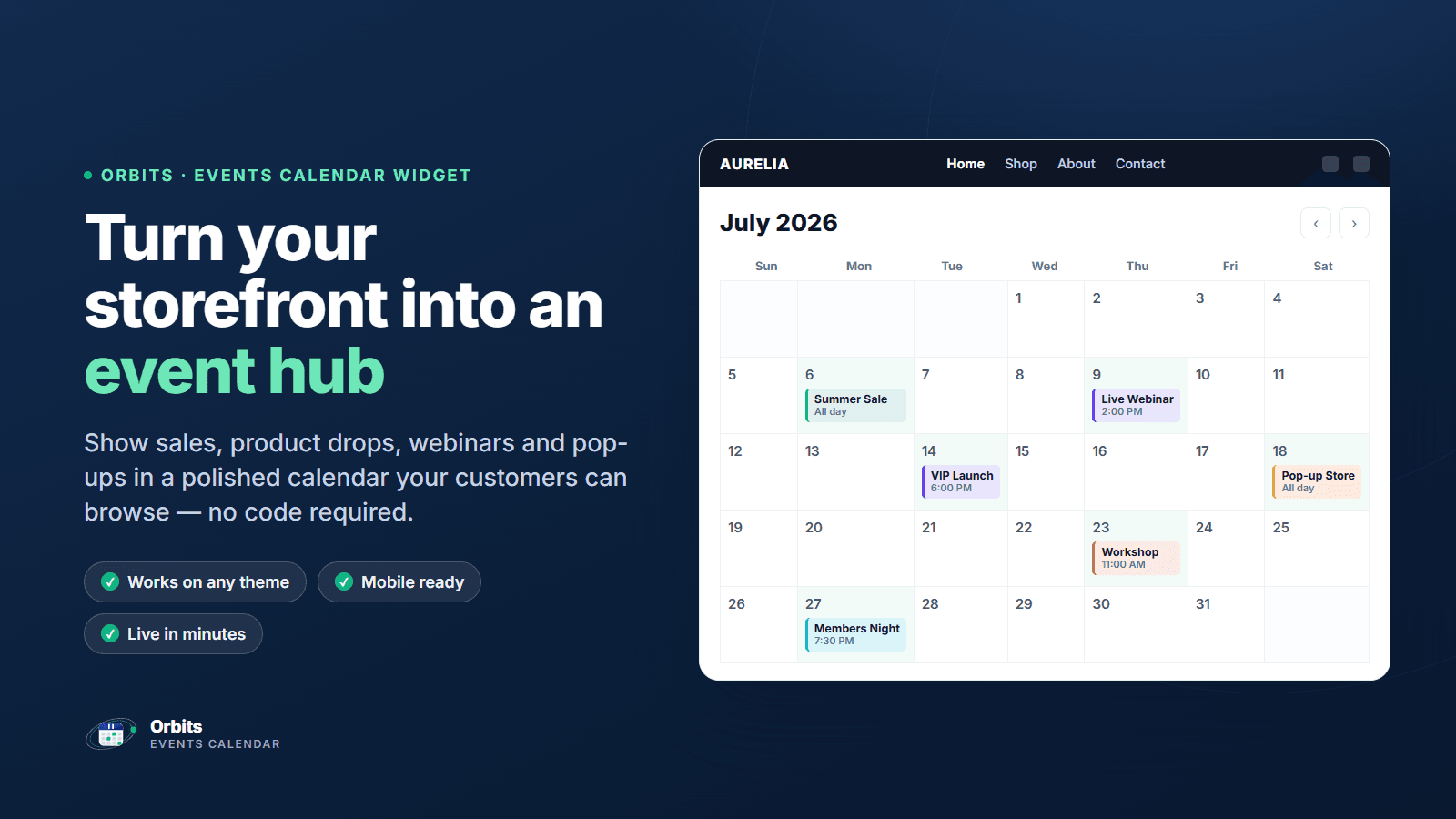 Events calendar with color-coded events on a store homepage.