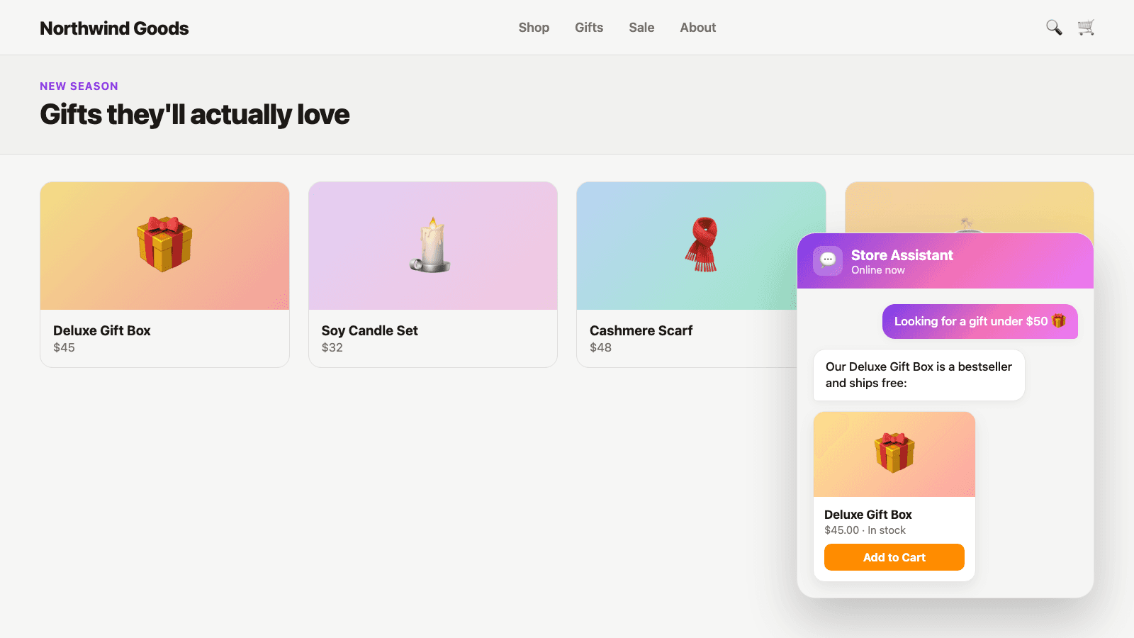 AI chat widget recommending a product on a shopify store