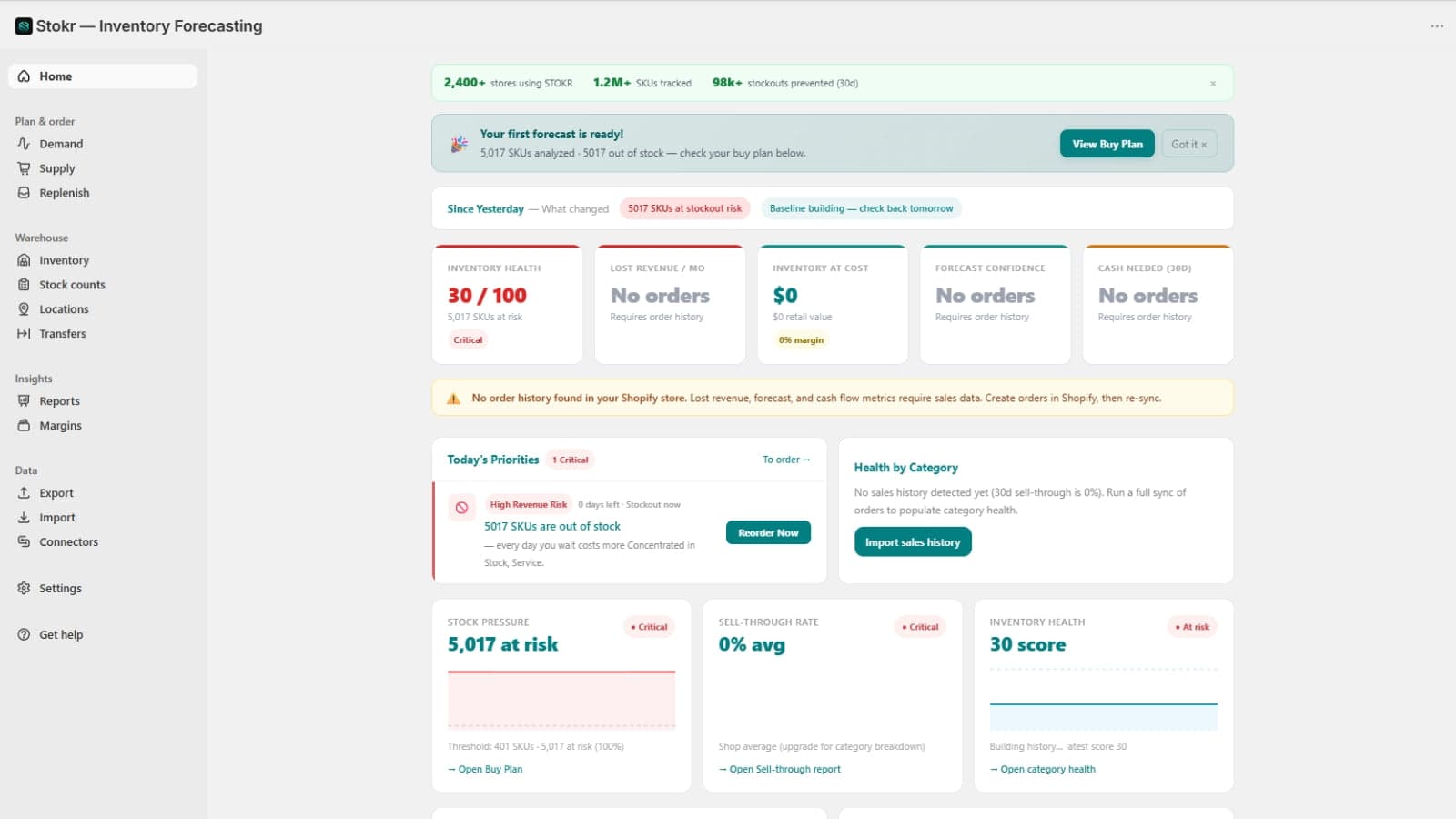 Stokr Home page showing inventory health