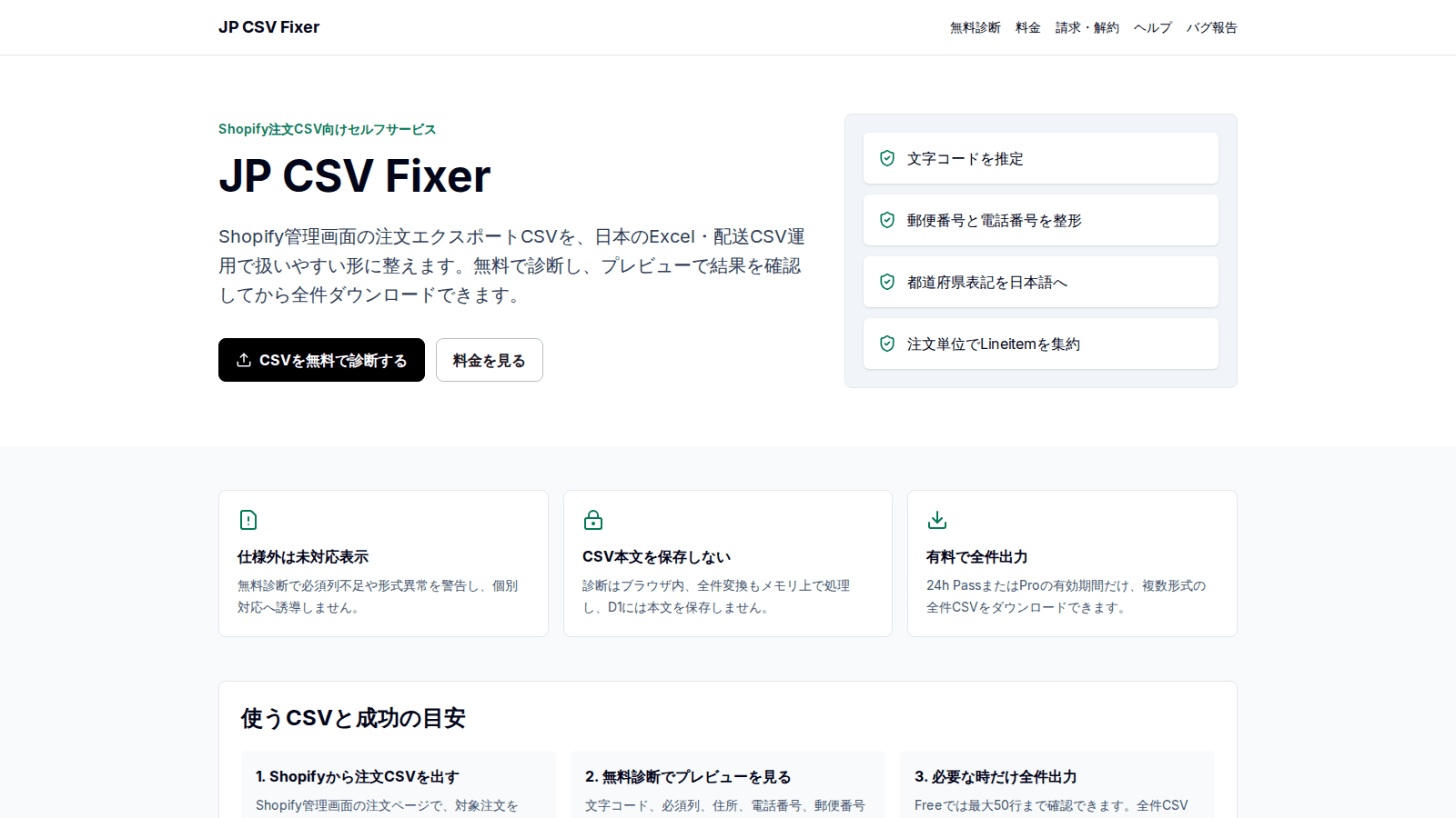 注文CSVを日本配送業者・Excel向けに自動整形するJP CSV Fixerの機能紹介画像