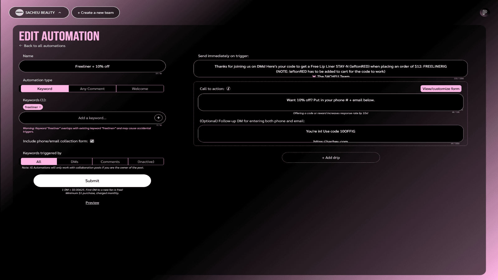 Merchant automation setup (including email + phone # collection)