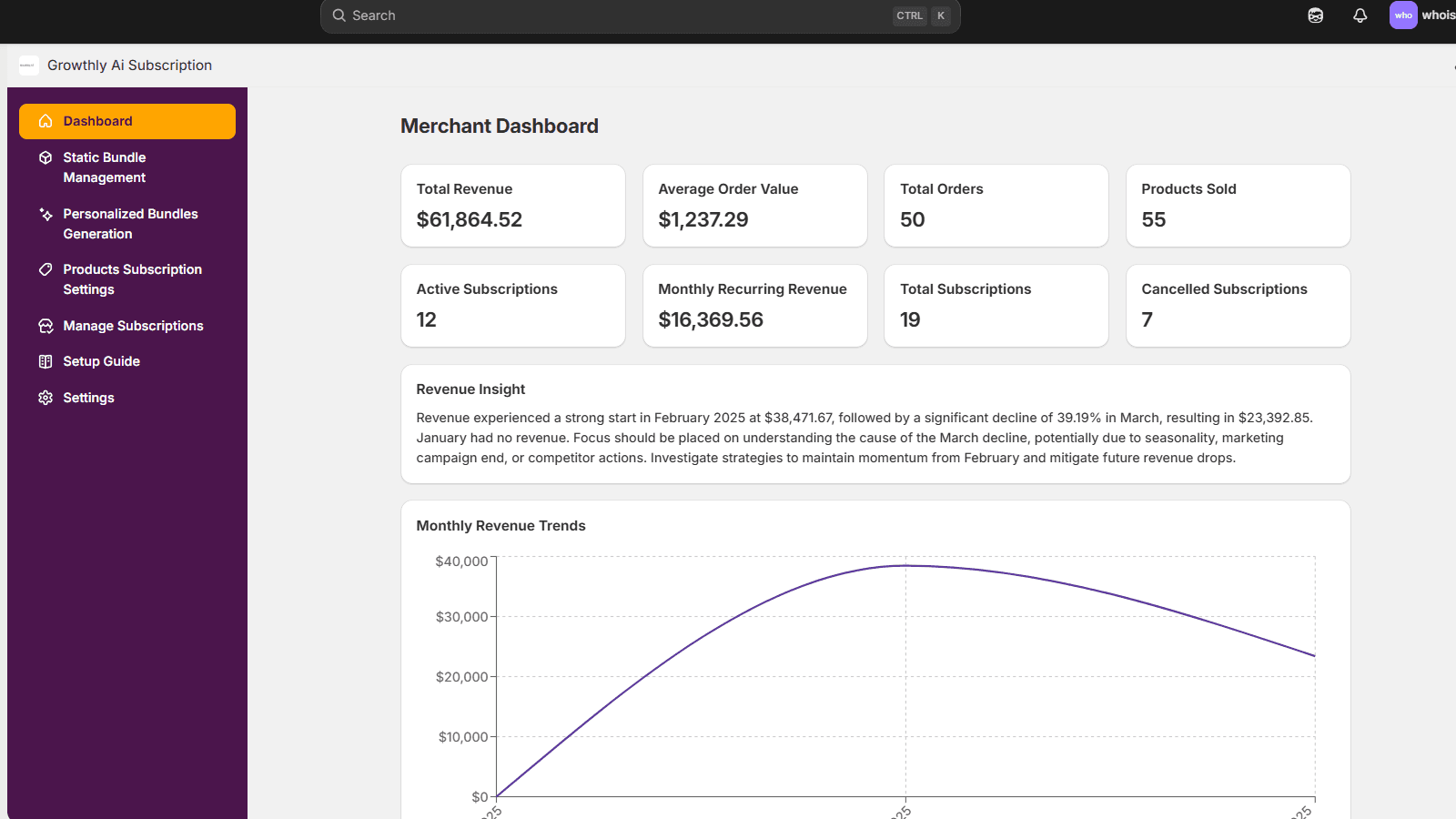 Merchant dashboard showing revenue, orders, and subscriptions.