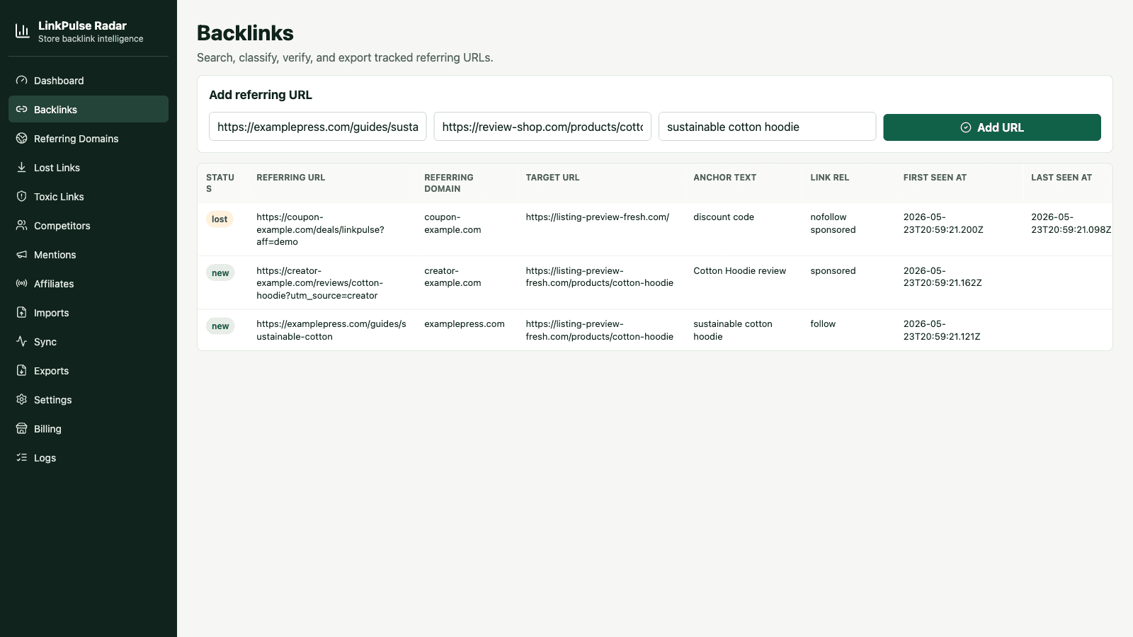 Backlink list with import and verification status.