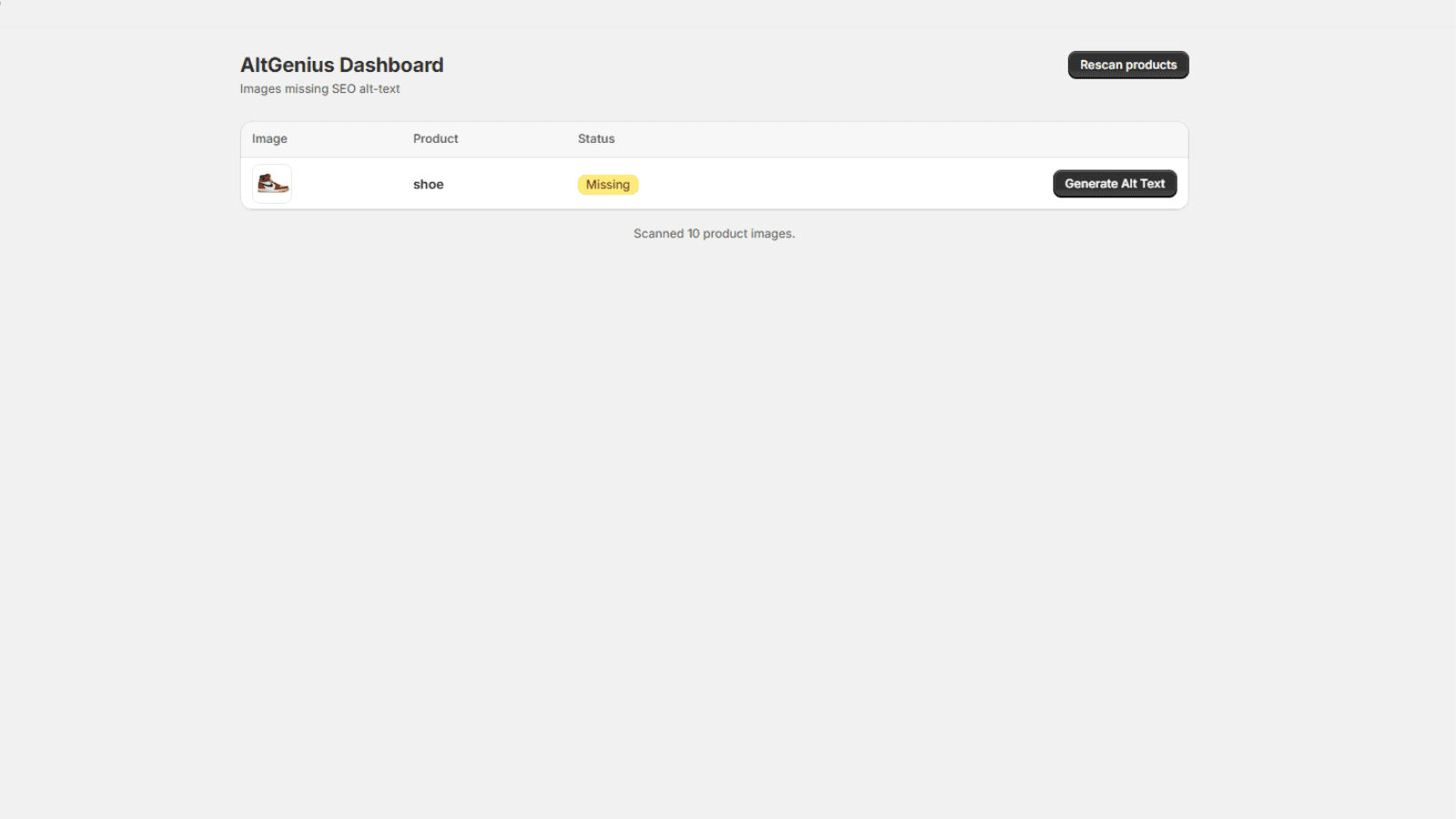 AltGenius dashboard listing product images that need alt text.