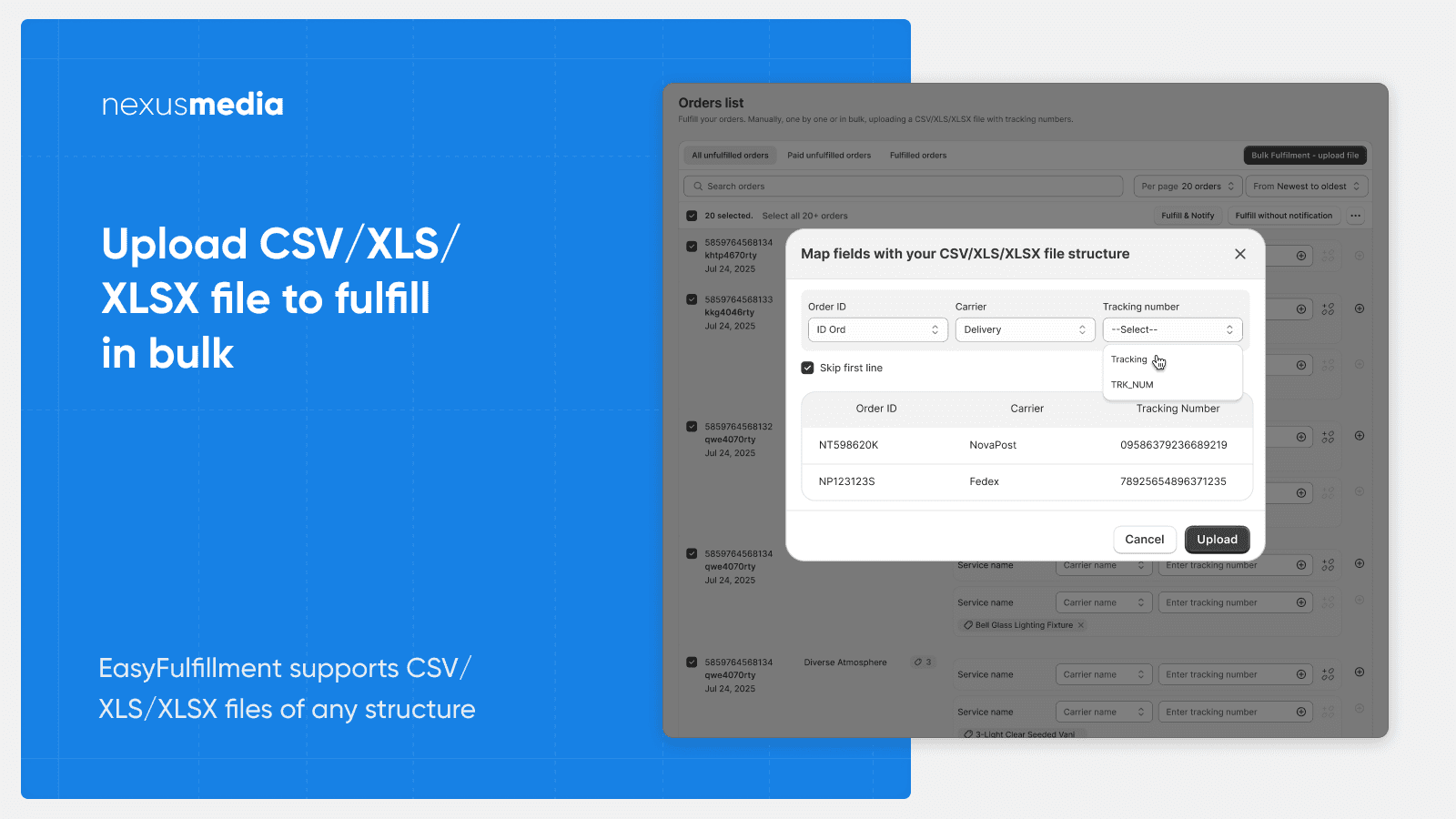 Upload CSV/XLS/XLSX file to fulfill in bulk