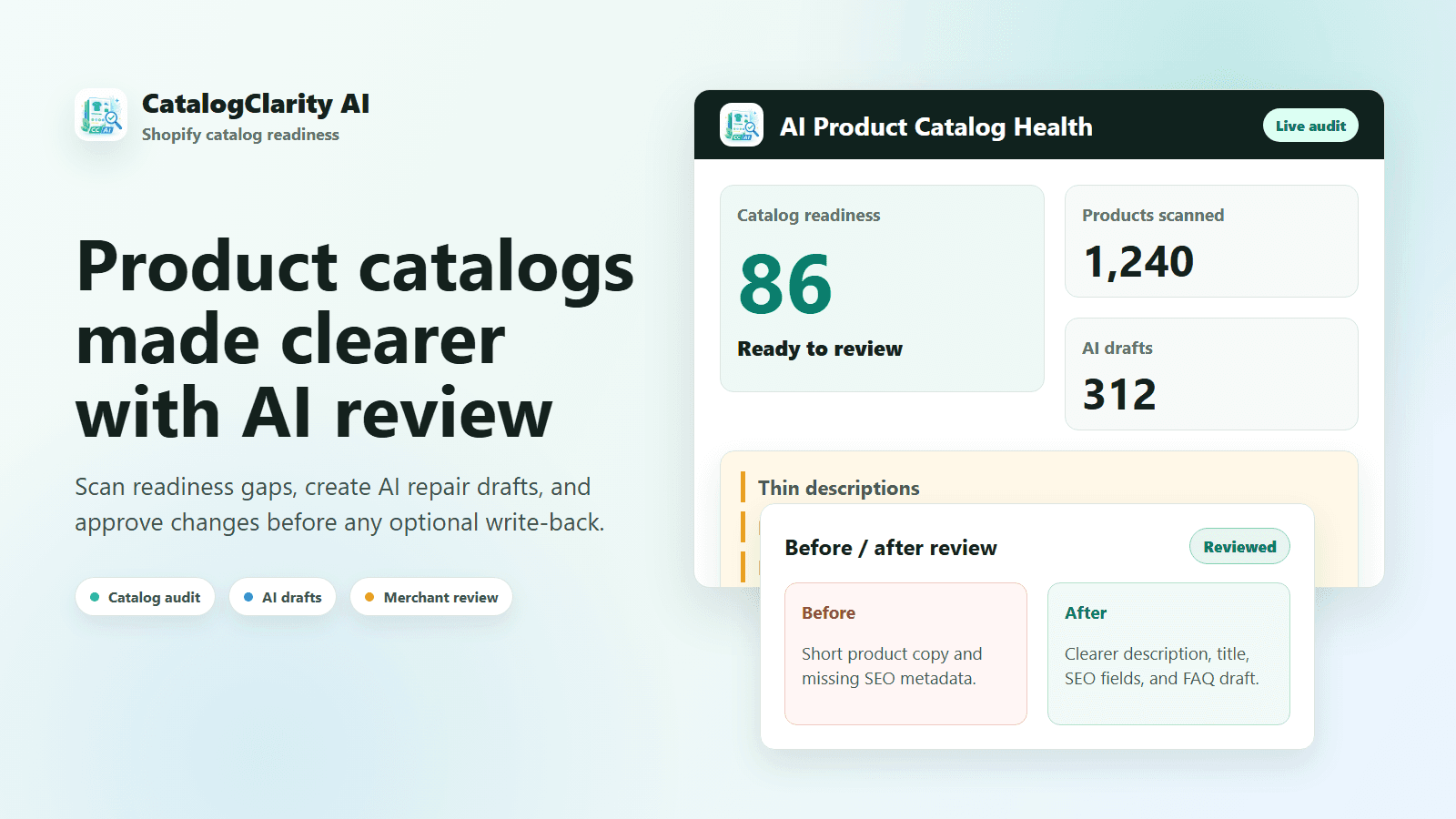 CatalogClarity AI catalog readiness dashboard