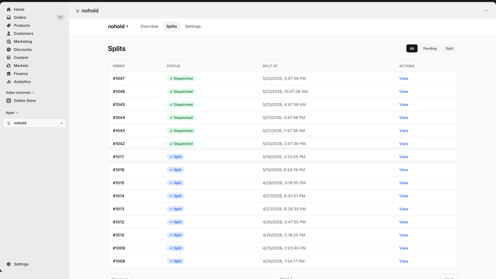 Recent splits with order numbers, status, and timestamps