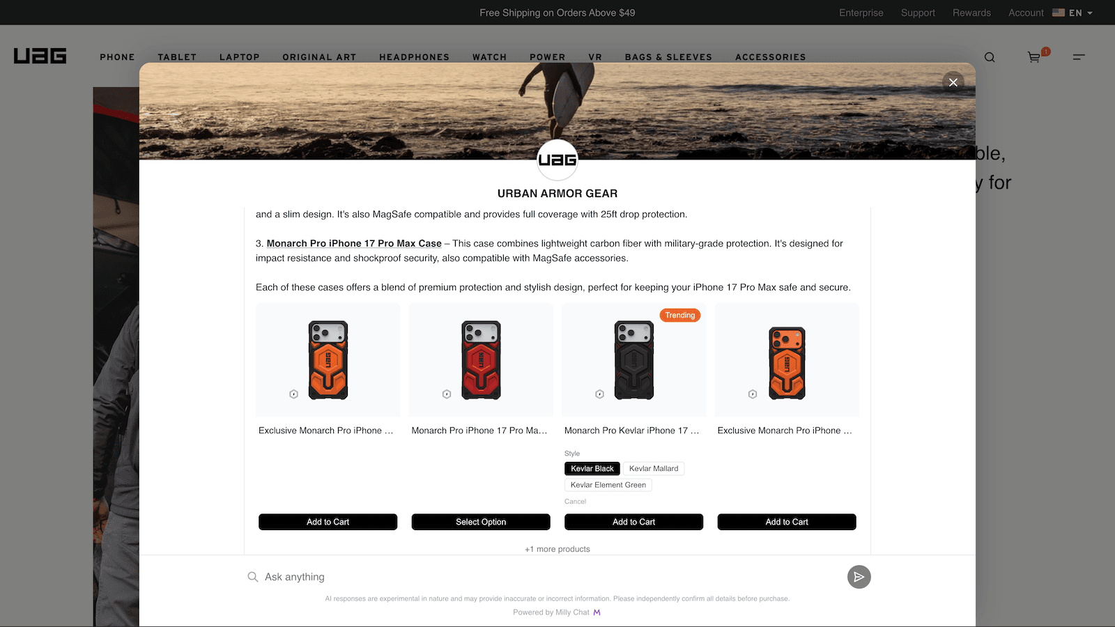 AI chat widget recommending products with add-to-cart