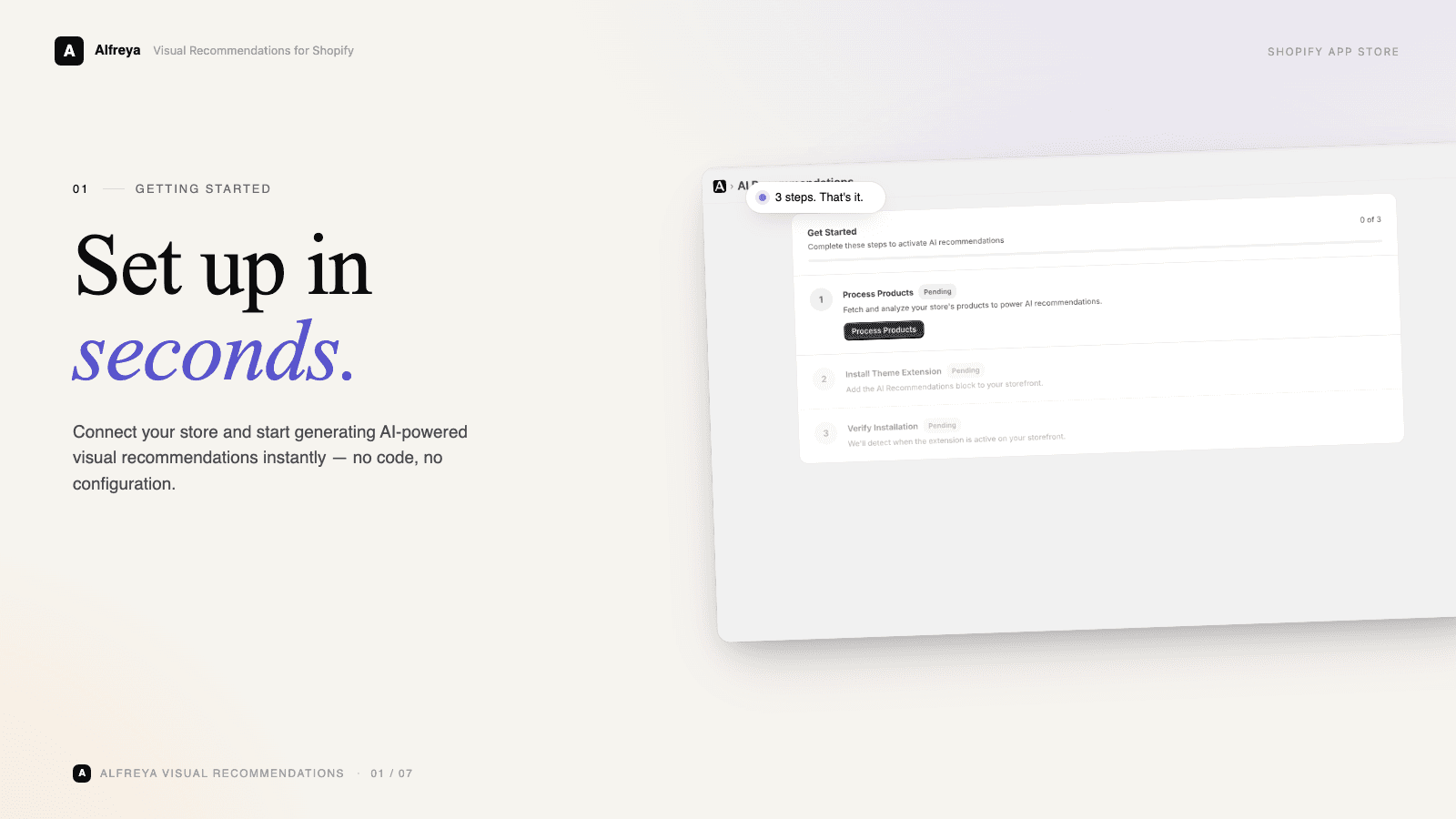Alfreya onboarding — connect Shopify and set up in 3 steps