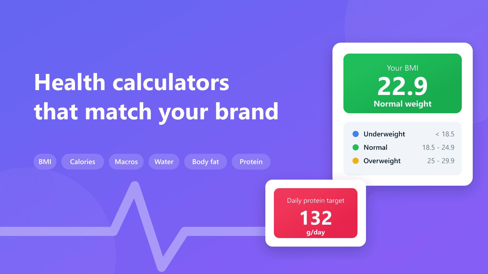 Six on-brand health calculators with sample BMI result card