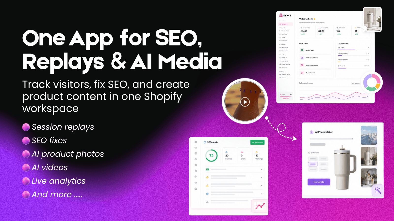 Nimora dashboard with SEO, analytics, AI media tools, and more