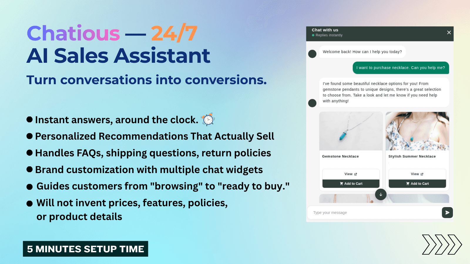 AI chatbot for 24/7 instant customer support, product discovery,