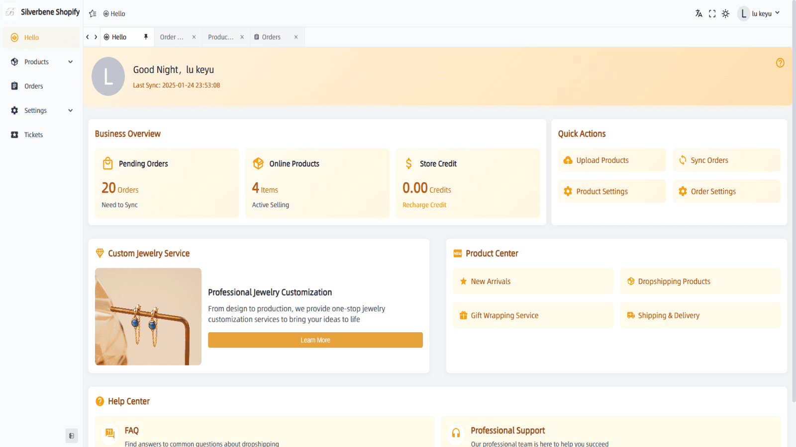 Manage inventory, create orders, add Silverbene product to order