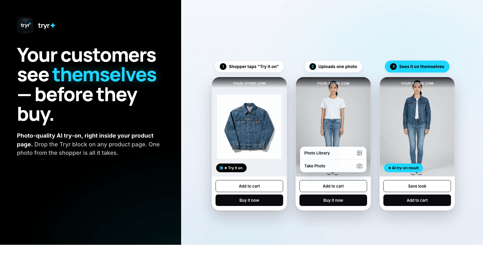 AI try-on in 11s — tap, upload one photo, see the result.