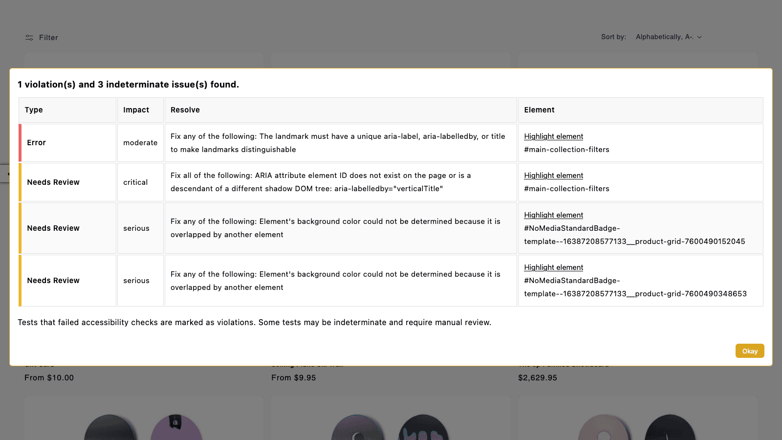Modal displaying an accessibility report