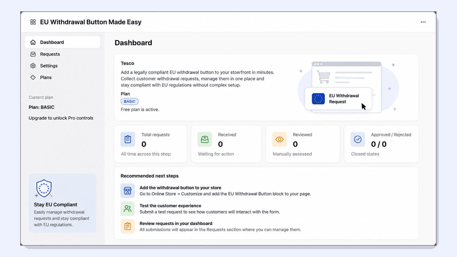 EU withdrawal request management dashboard for merchants