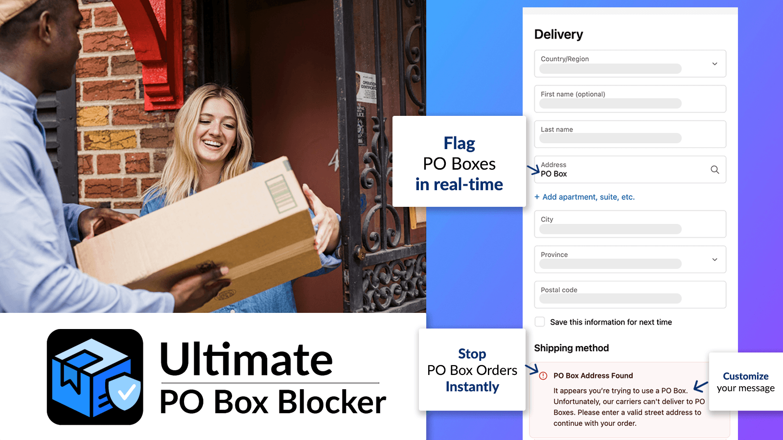 Stop PO Boxes orders in real time at the checkout