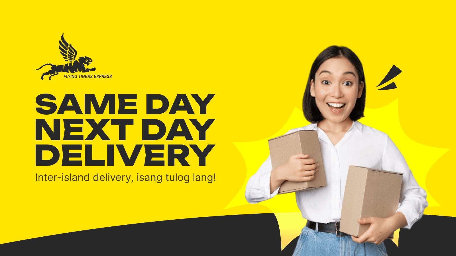 A woman holding packages with text: same day/next day delivery