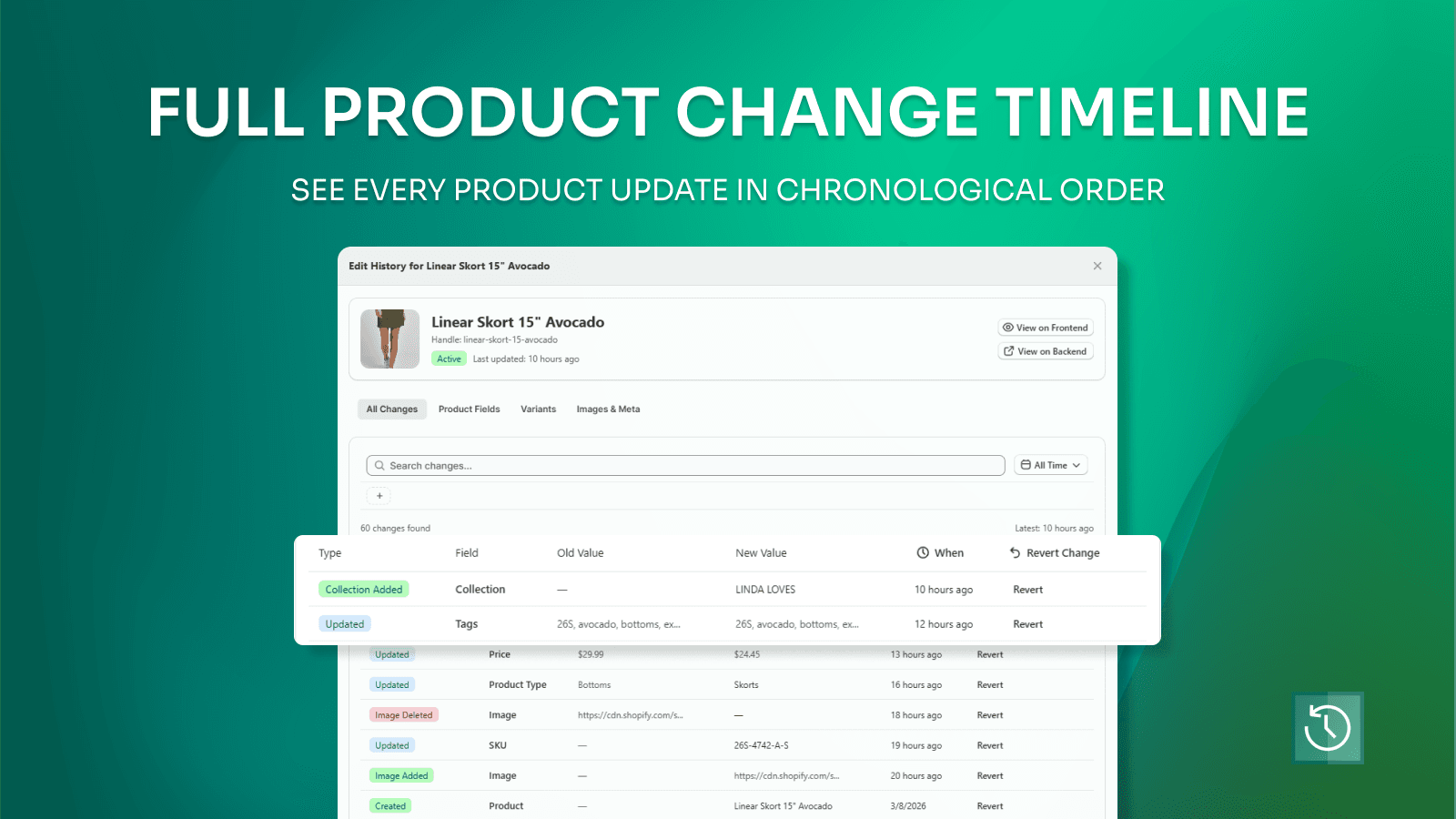 Product Change History & Revert product changes